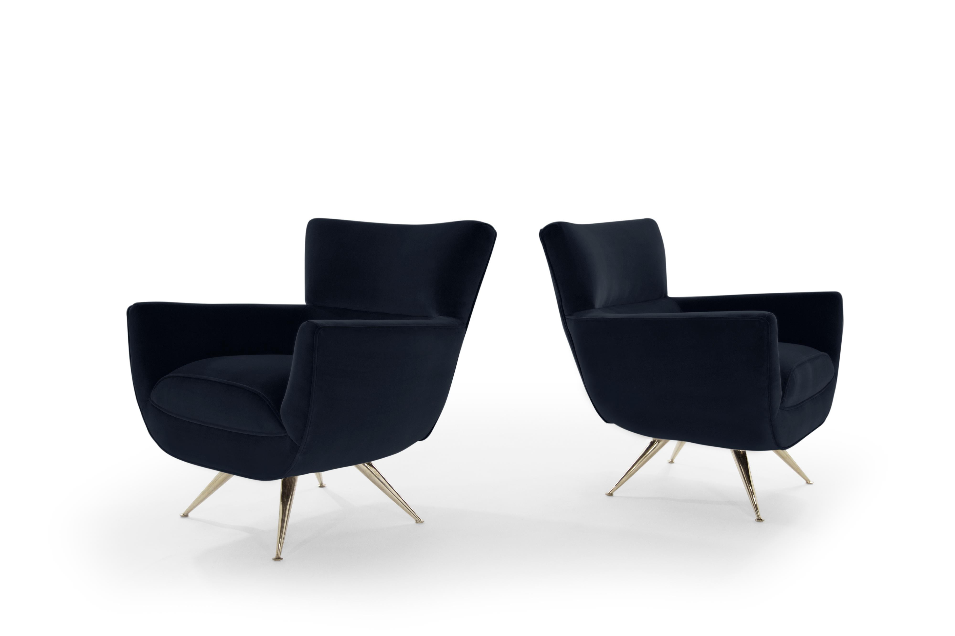 Mid-Century Modern Swivel Chairs by Henry Glass in Navy Velvet In Excellent Condition In Westport, CT