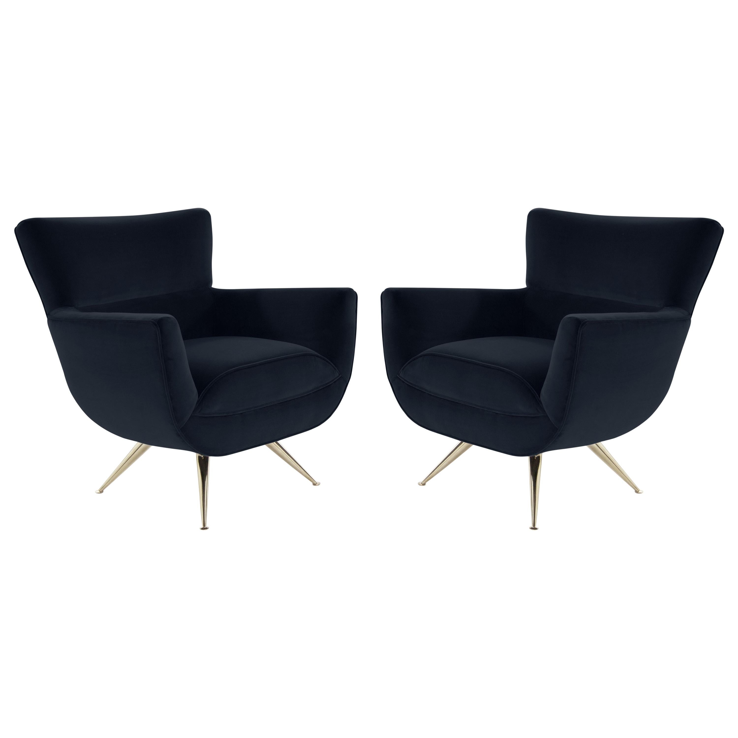 Mid-Century Modern Swivel Chairs by Henry Glass in Navy Velvet