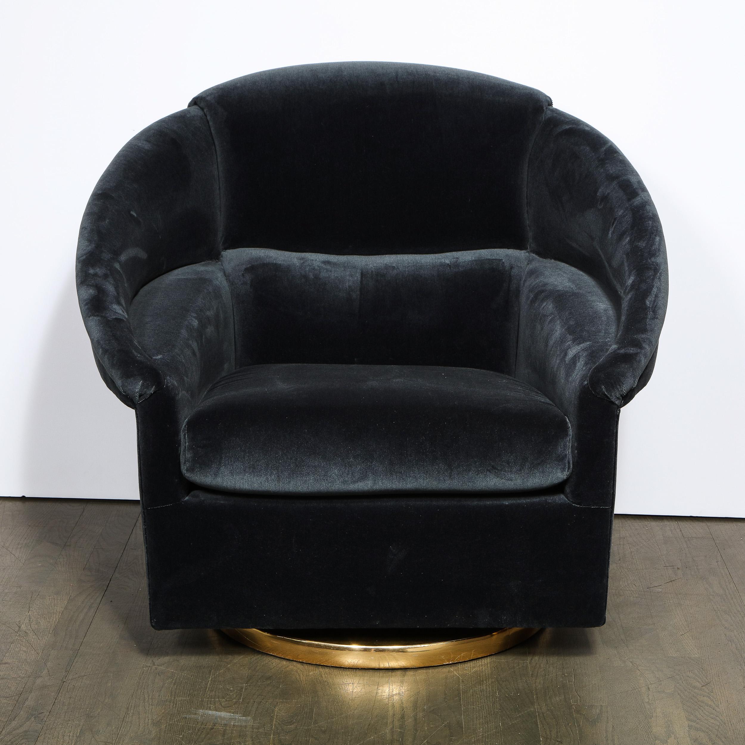 American Mid-Century Modern Swivel Club Chair with Brass Wrapped Base in Graphite Velvet