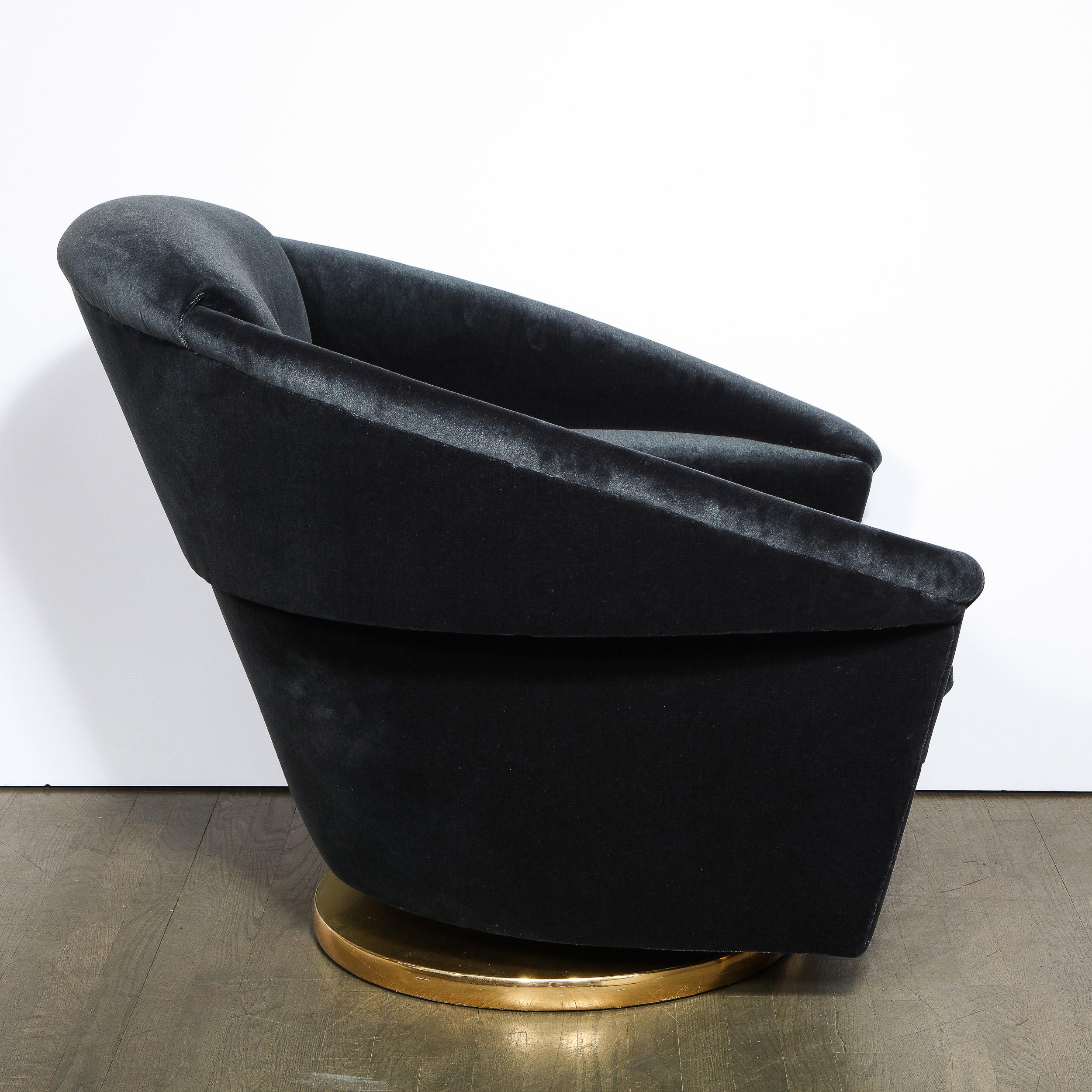 Mid-Century Modern Swivel Club Chair with Brass Wrapped Base in Graphite Velvet In Excellent Condition In New York, NY