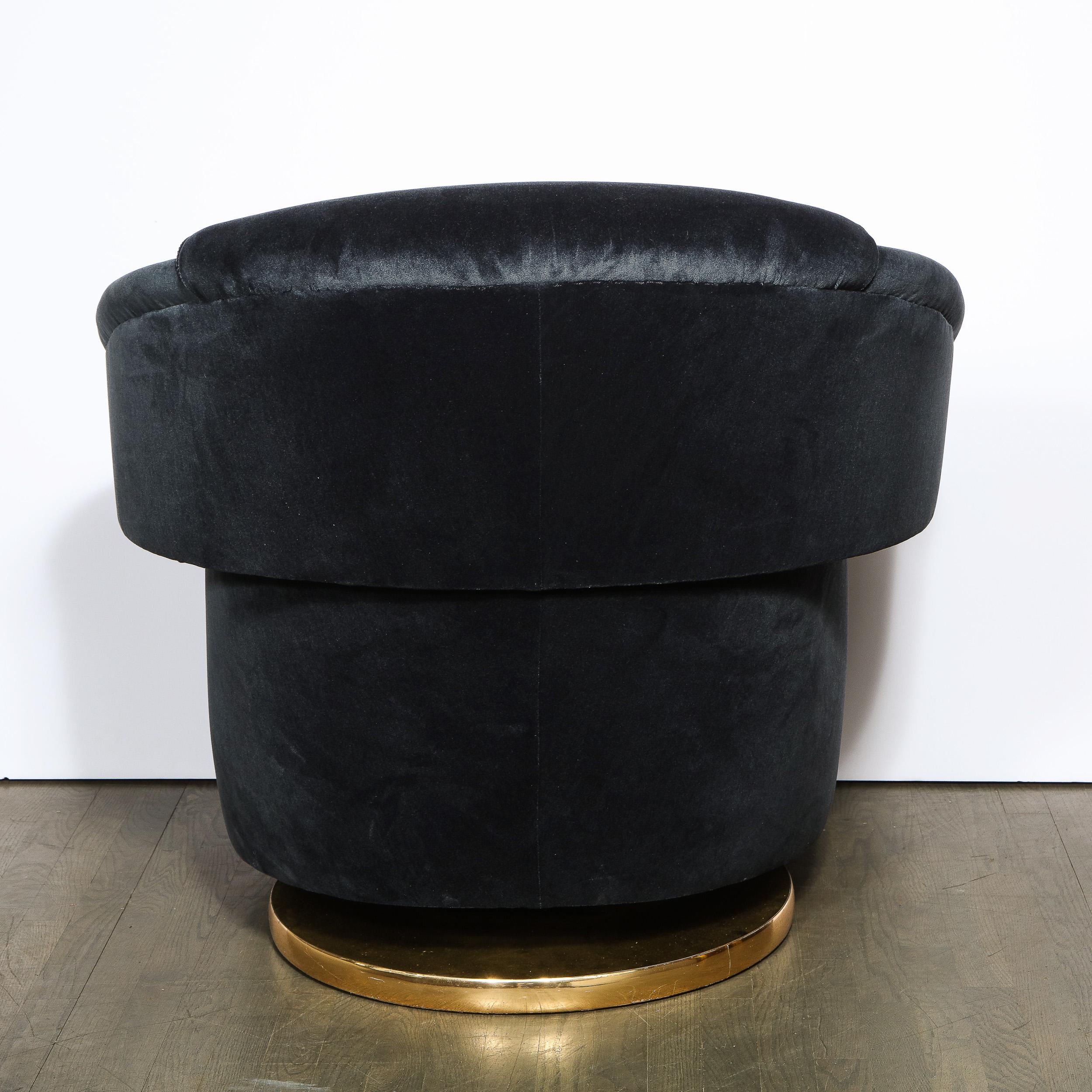 Late 20th Century Mid-Century Modern Swivel Club Chair with Brass Wrapped Base in Graphite Velvet