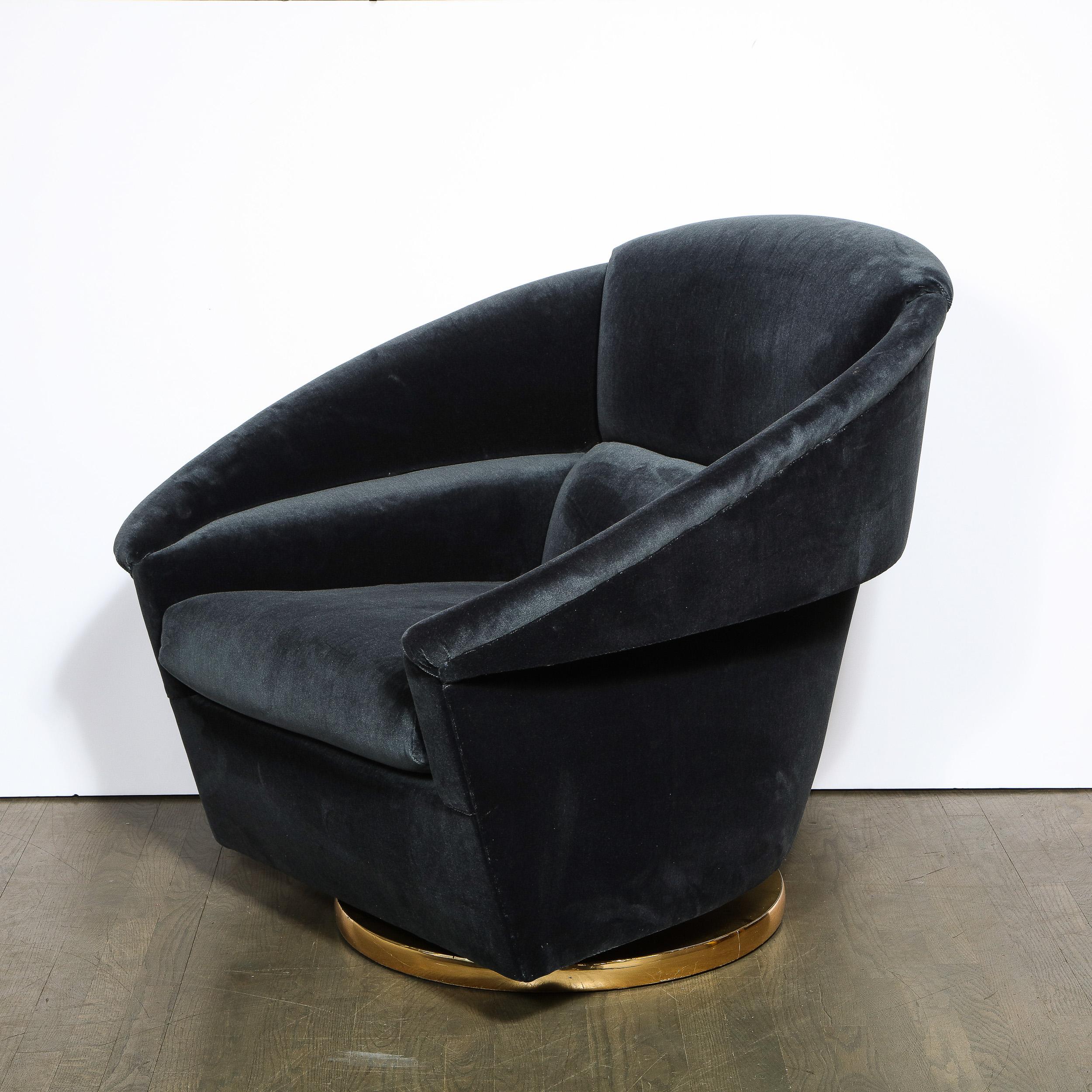 Mid-Century Modern Swivel Club Chair with Brass Wrapped Base in Graphite Velvet 2
