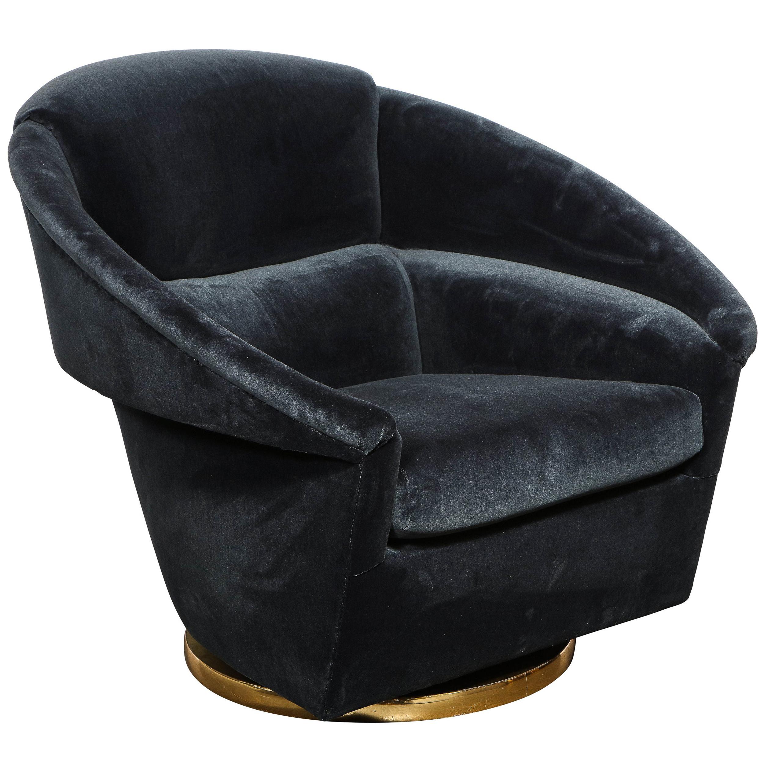 Mid-Century Modern Swivel Club Chair with Brass Wrapped Base in Graphite Velvet