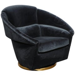 Mid-Century Modern Swivel Club Chair with Brass Wrapped Base in Graphite Velvet