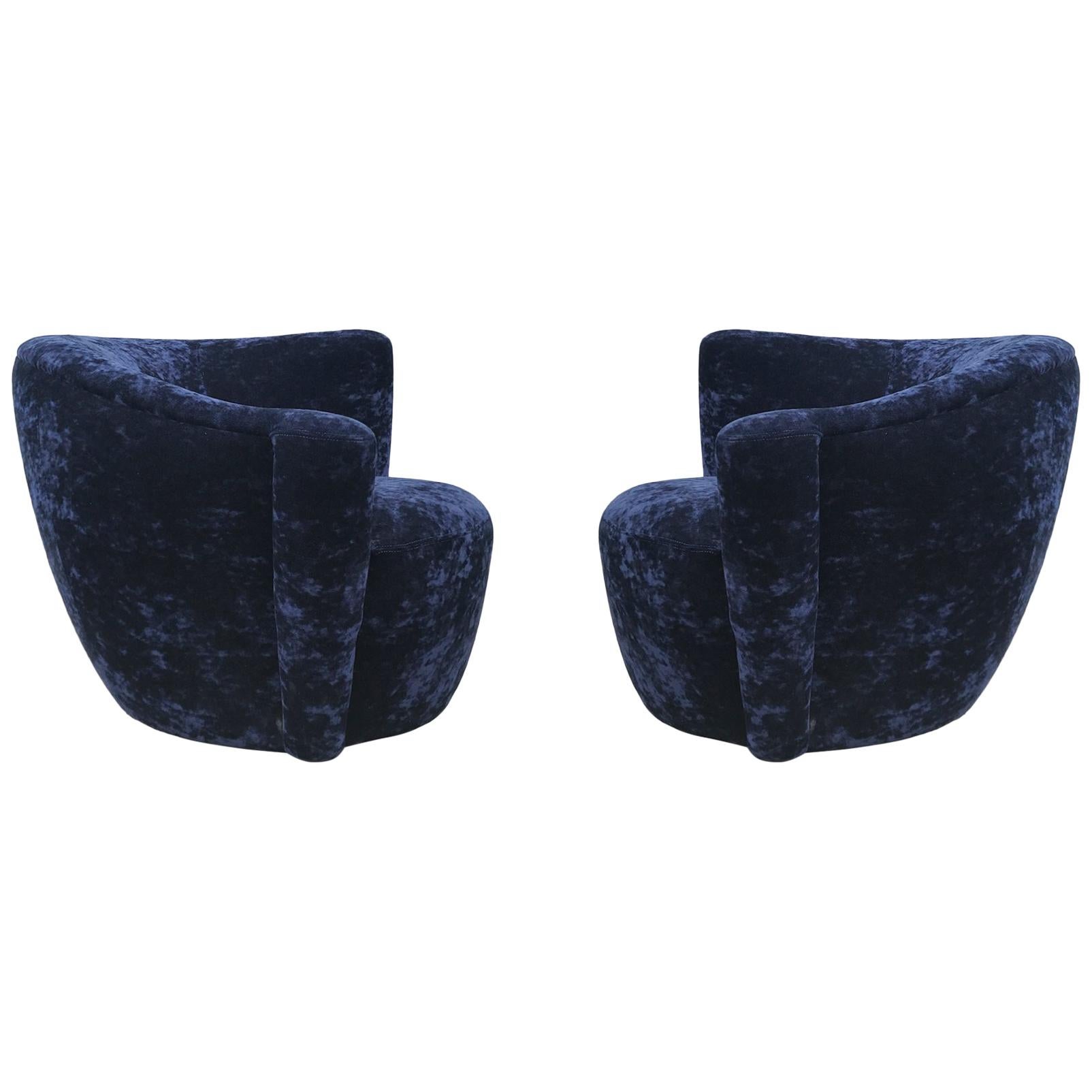 Mid-Century Modern Swivel Club Lounge Chairs by Vladimir Kagan in Blue Velvet