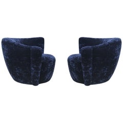 Mid-Century Modern Swivel Club Lounge Chairs by Vladimir Kagan in Blue Velvet