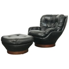 Mid-Century Modern Swivel Lounge Chair and Ottoman in Black Naugahyde by Selig