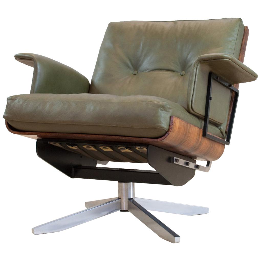 Mid-Century Modern Swivel Lounge Chair in Green Leather and Bent Wood, 1960s For Sale
