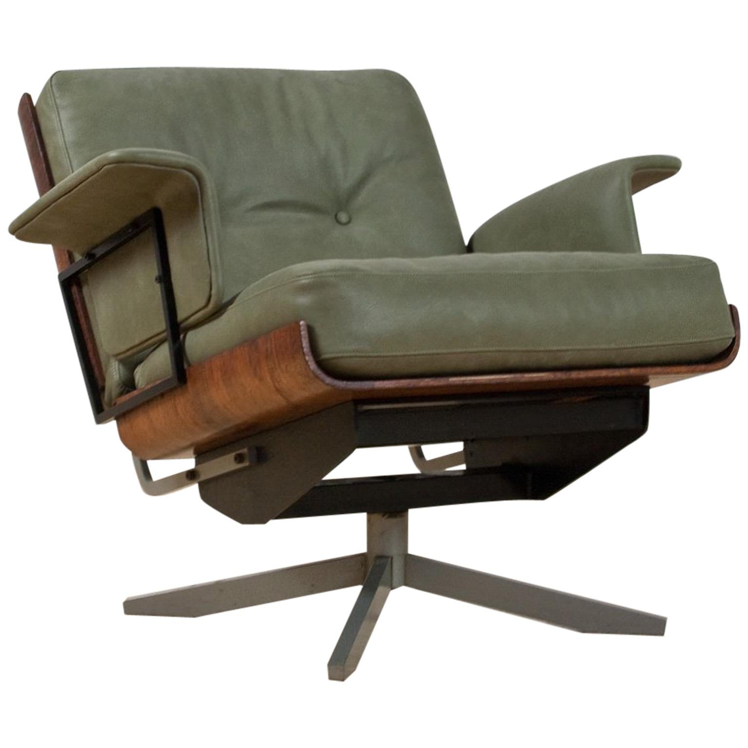 Mid-Century Modern Swivel Lounge Chair in Green Leather and Rosewood, 1960s