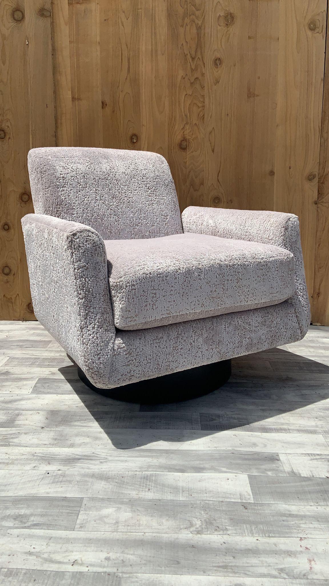 American Mid-Century Modern Swivel Lounge Chair Newly Upholstered in a High End Chenille For Sale