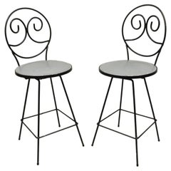 Retro Mid-Century Modern Swivel Seat Arthur Umanoff Style Wrought Iron Stools, a Pair