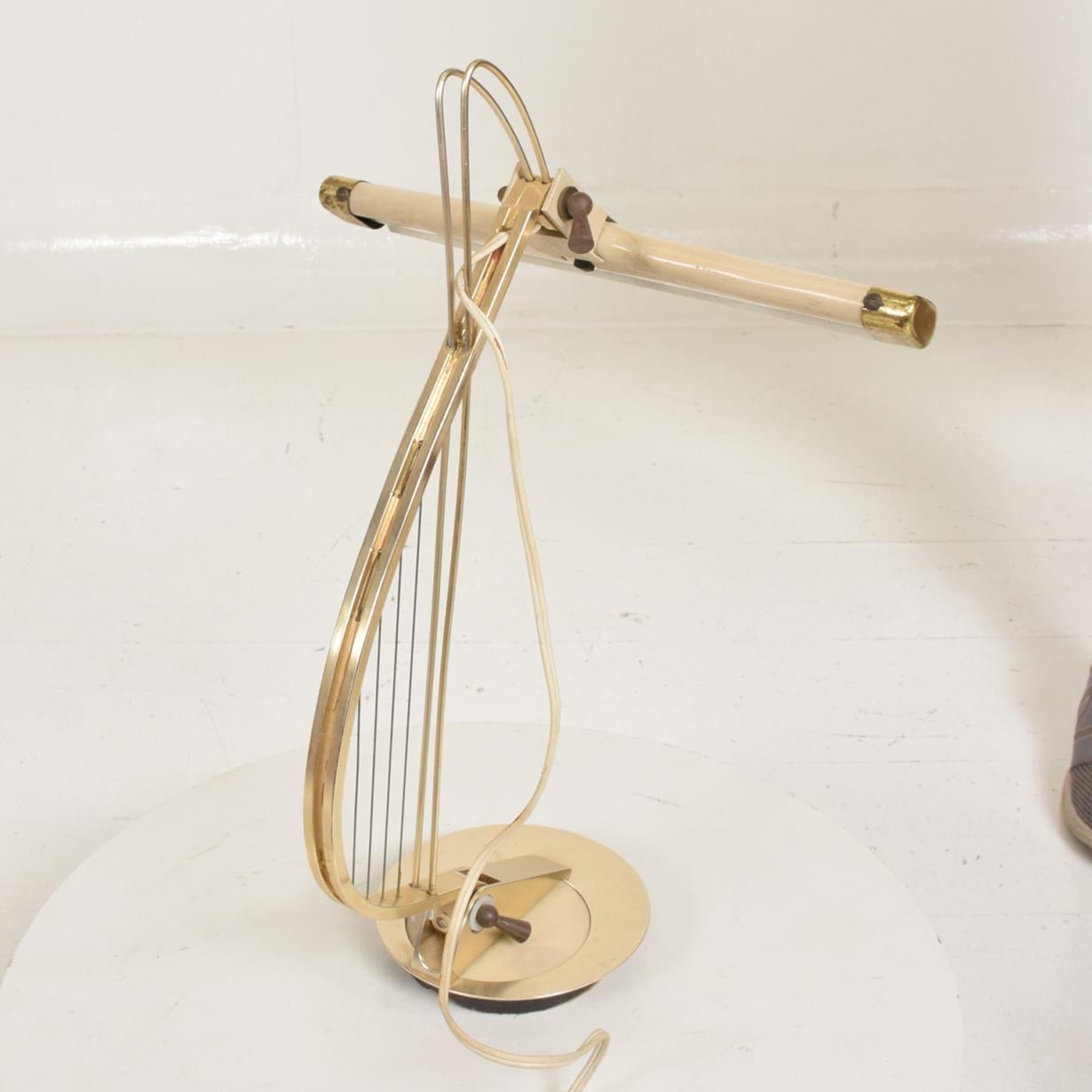 Mid-20th Century 1960s Brass Harp Table Desk Task Lamp Sculptural Shape Style Lightolier