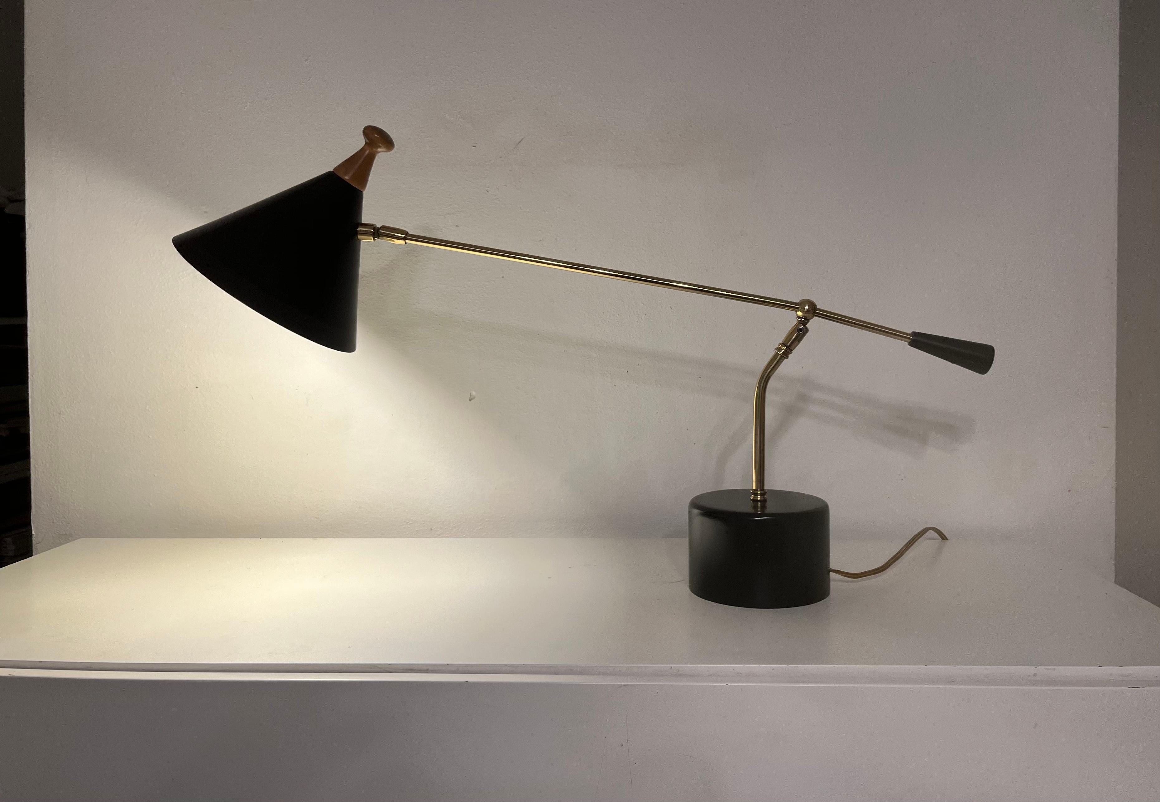 Lampe de table moderne en laiton, base en bois et abat-jour peints en noir. L'abat-jour et le bras sont réglables.
Prêt pour une nouvelle maison.