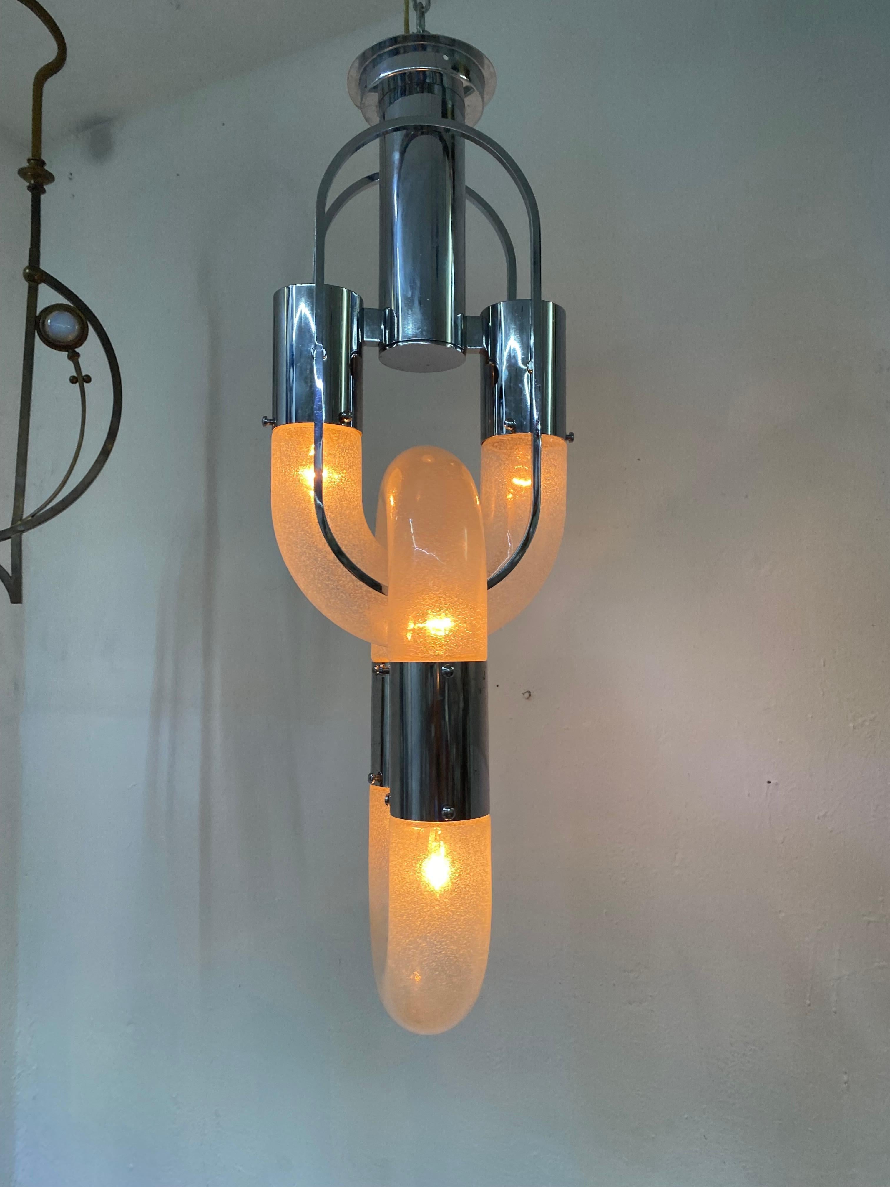 Space Age six-light chandelier designed by Aldo Nason, circa 1970 in Murano clear 