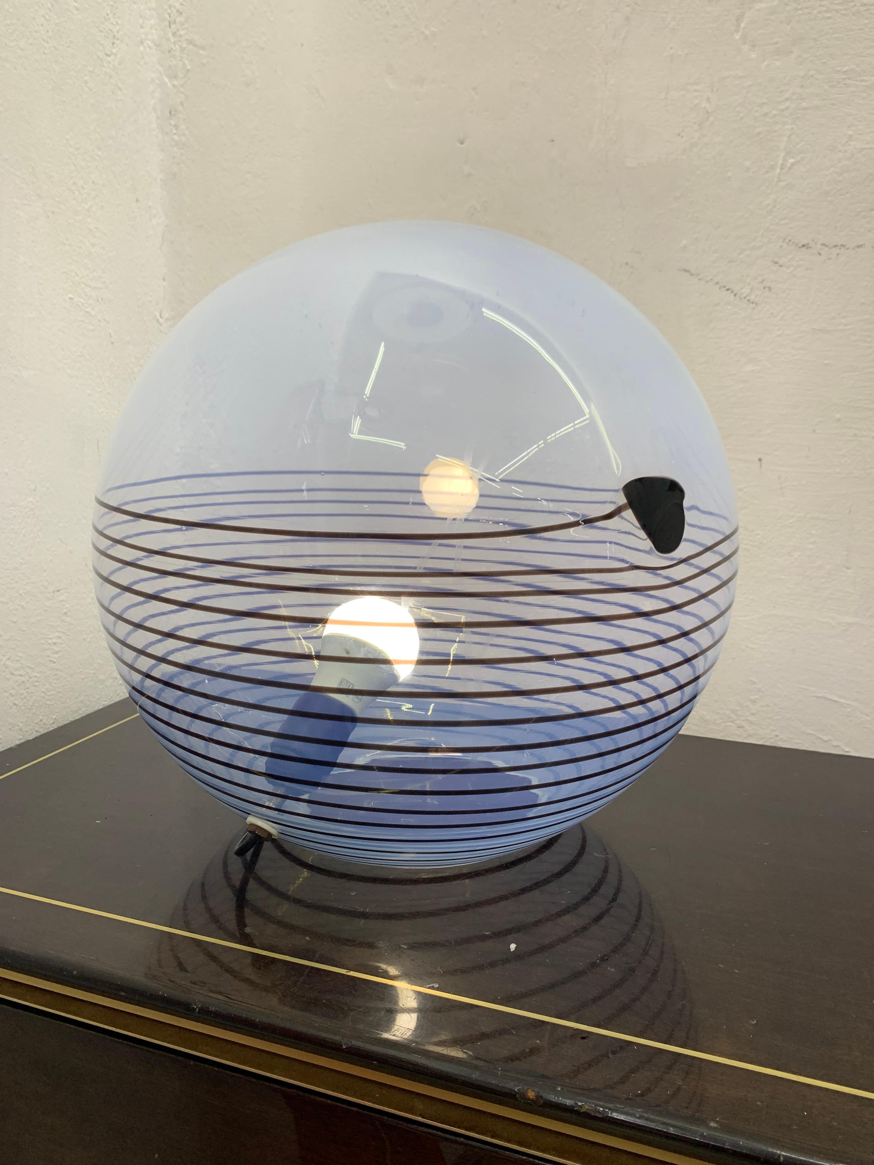 Space Age table lamp in hand blow blue opalescent Murano glass circa 1960, attributed to Mazzega.