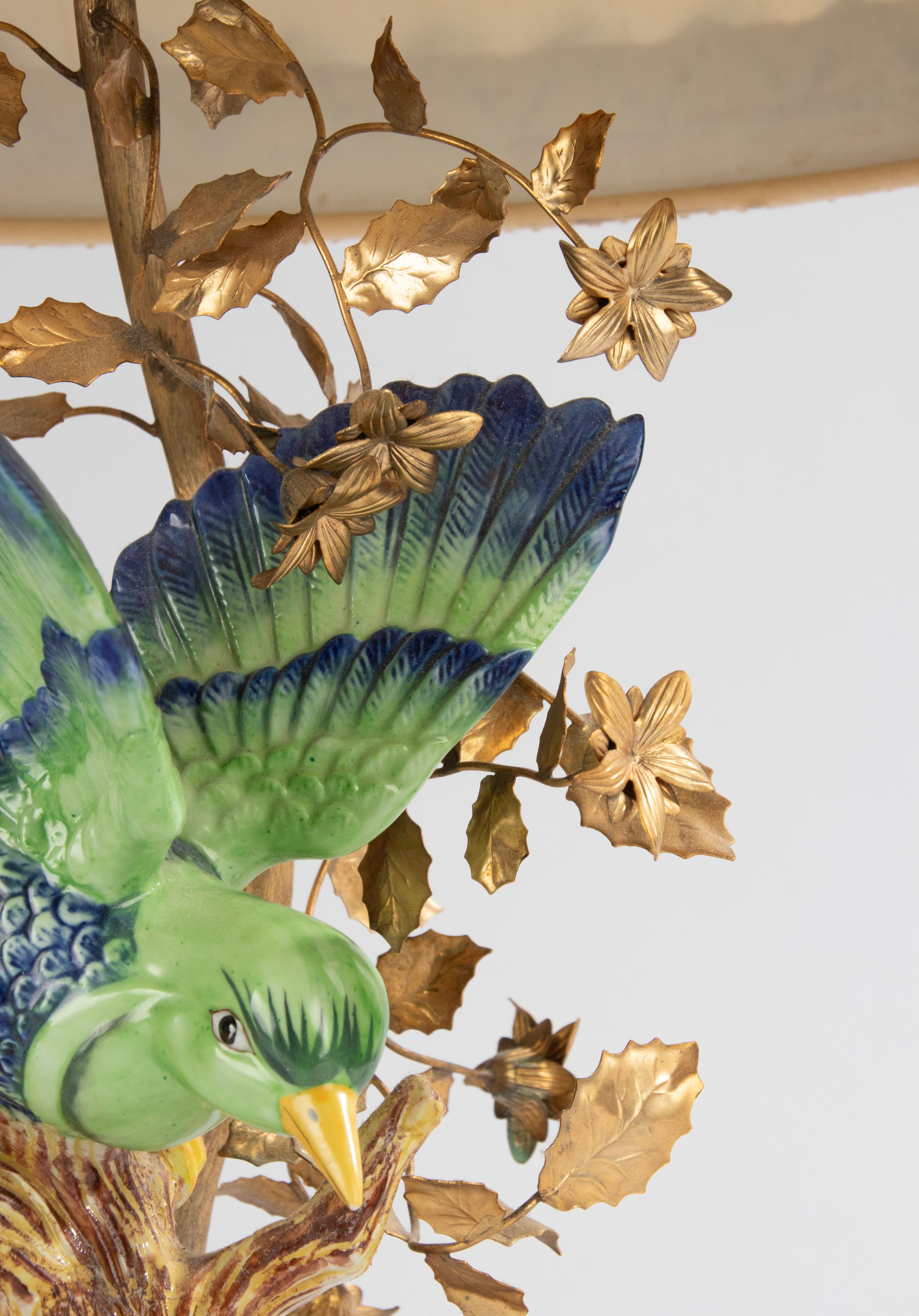 Copper Mid-Century Modern Table Lamp - Giulia Mangani - Sèvres Style Porcelain Bird  For Sale
