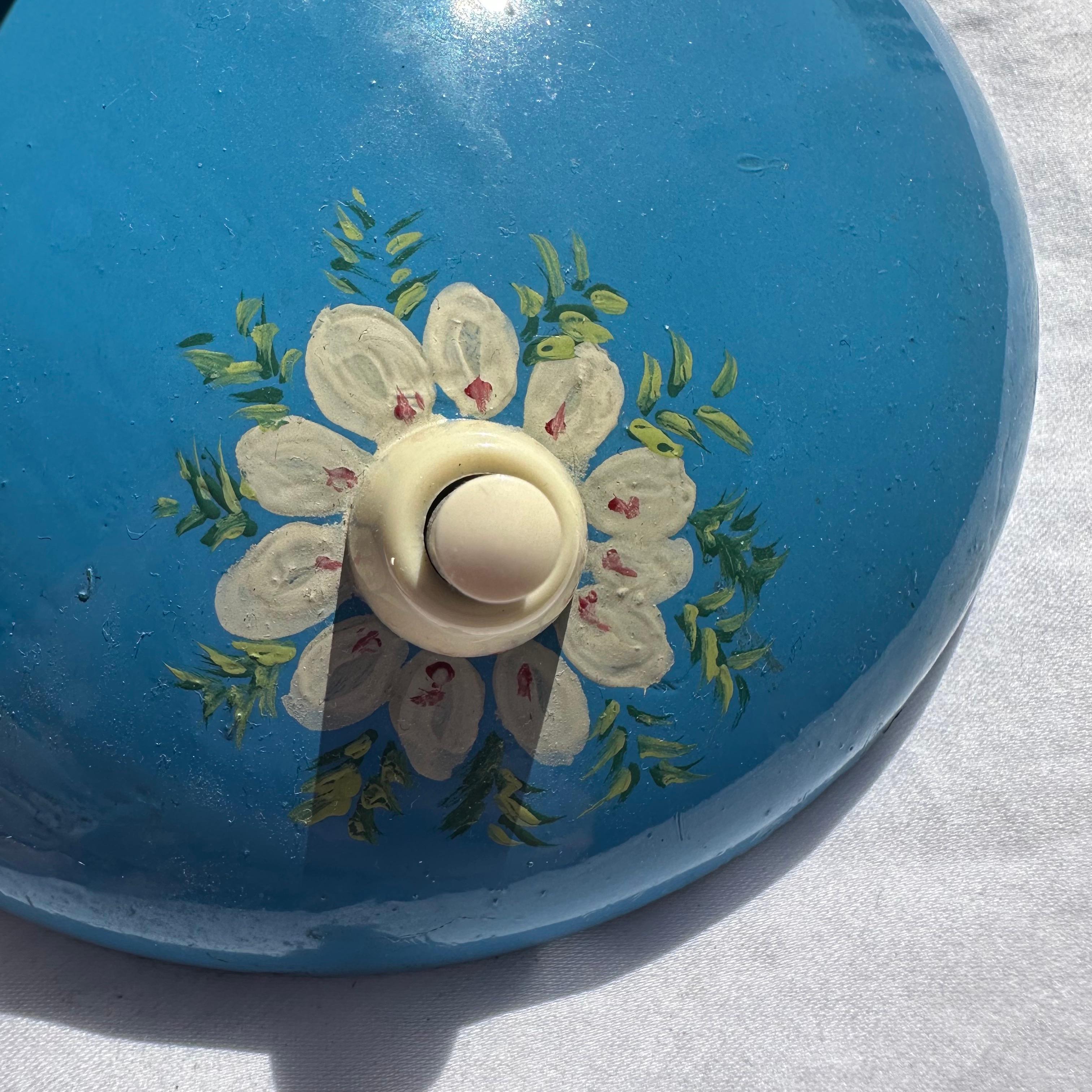 Mid-20th Century Mid-Century Modern Table Lamp in Brass and Blue Lacquer with Hand-Painted Flower