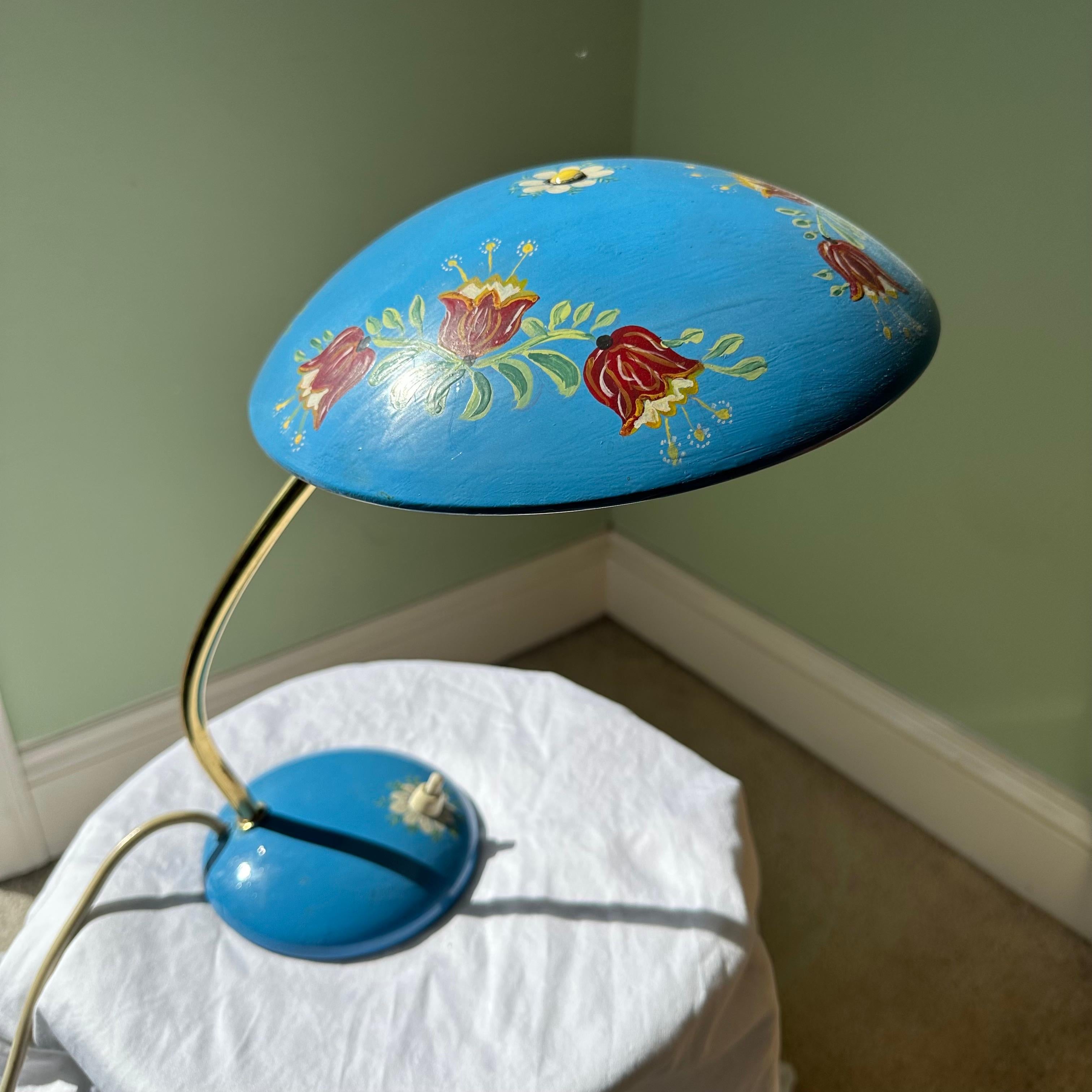 Metal Mid-Century Modern Table Lamp in Brass and Blue Lacquer with Hand-Painted Flower