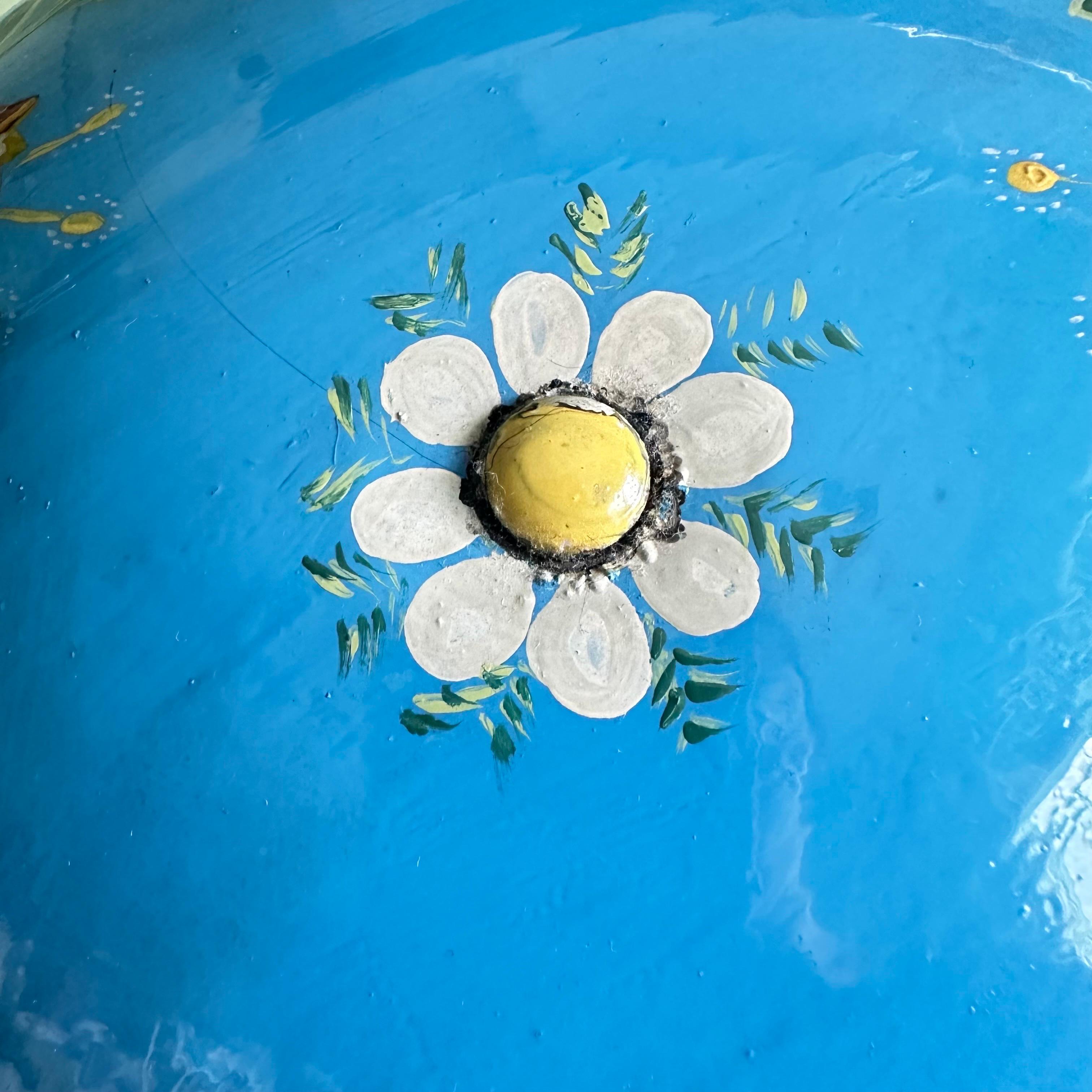 Mid-20th Century Mid-Century Modern Table Lamp in Brass and Blue with Hand-Painted Flowers For Sale