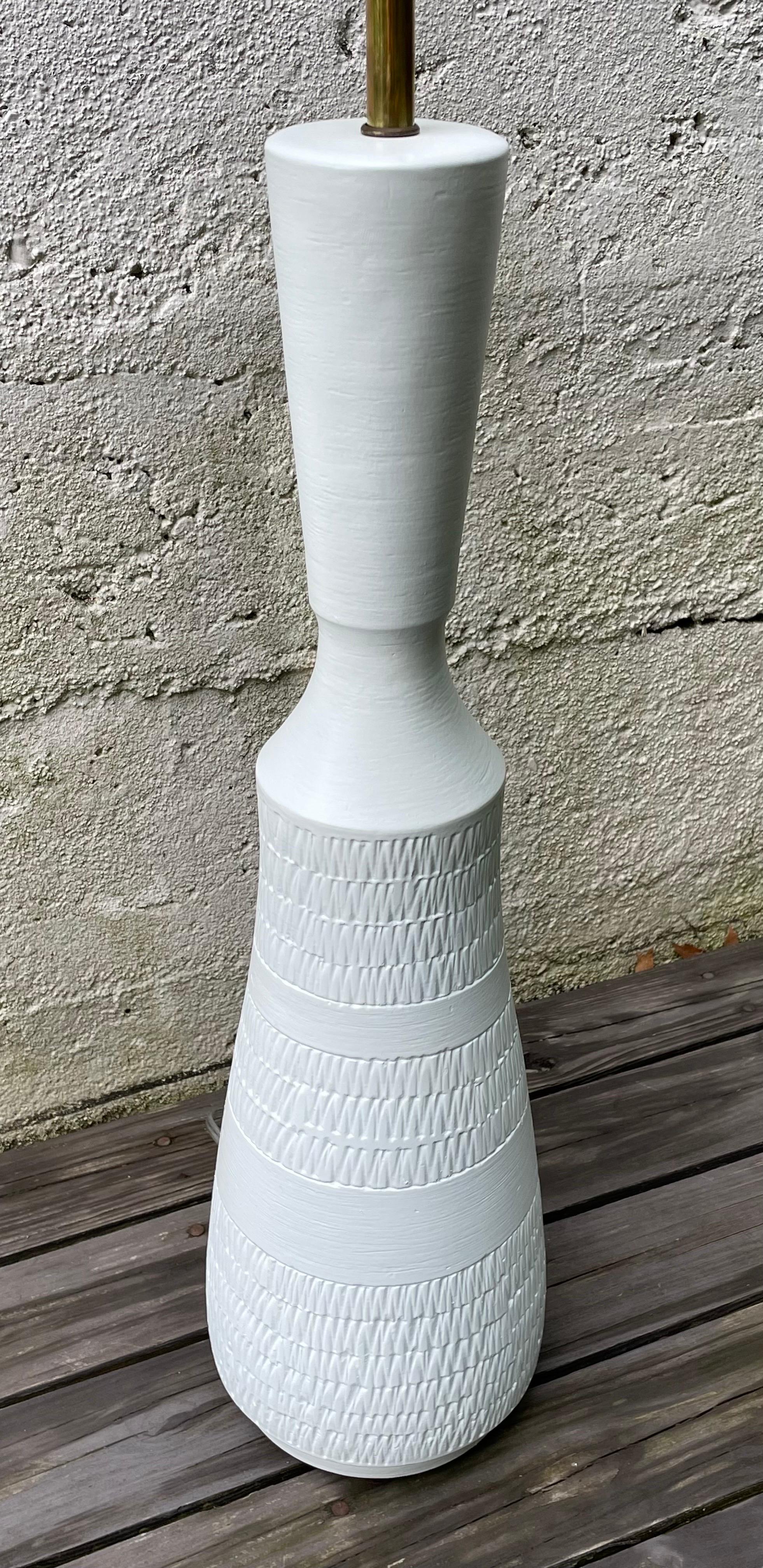 Very cool and large scale matte white table lamp, Mid-Century Modern, painted plaster, 1960's, rewired, shade not included.