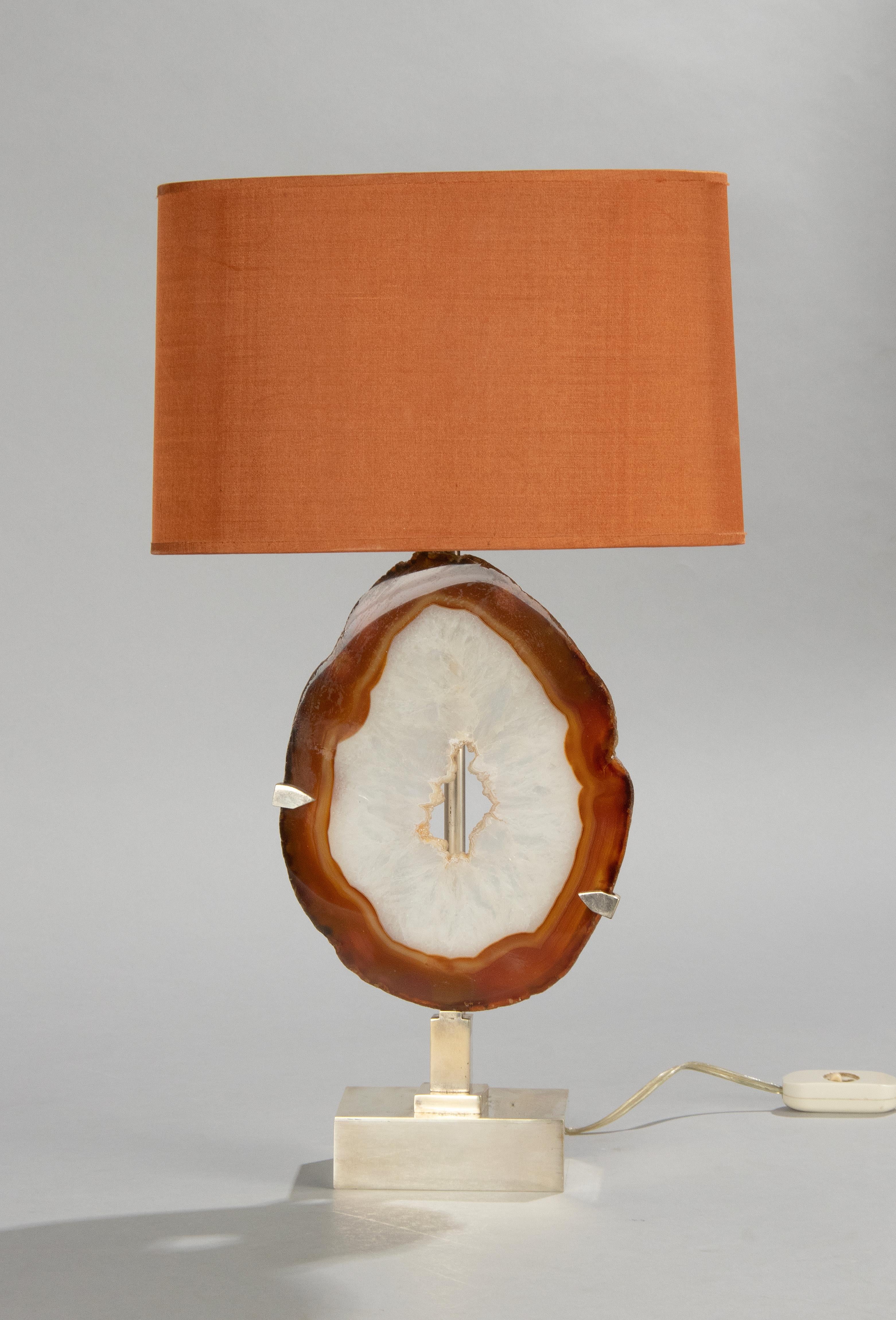 Belgian Mid-Century Modern Table Lamp with Agate Mineral Plaque Attr. to Willy Daro For Sale