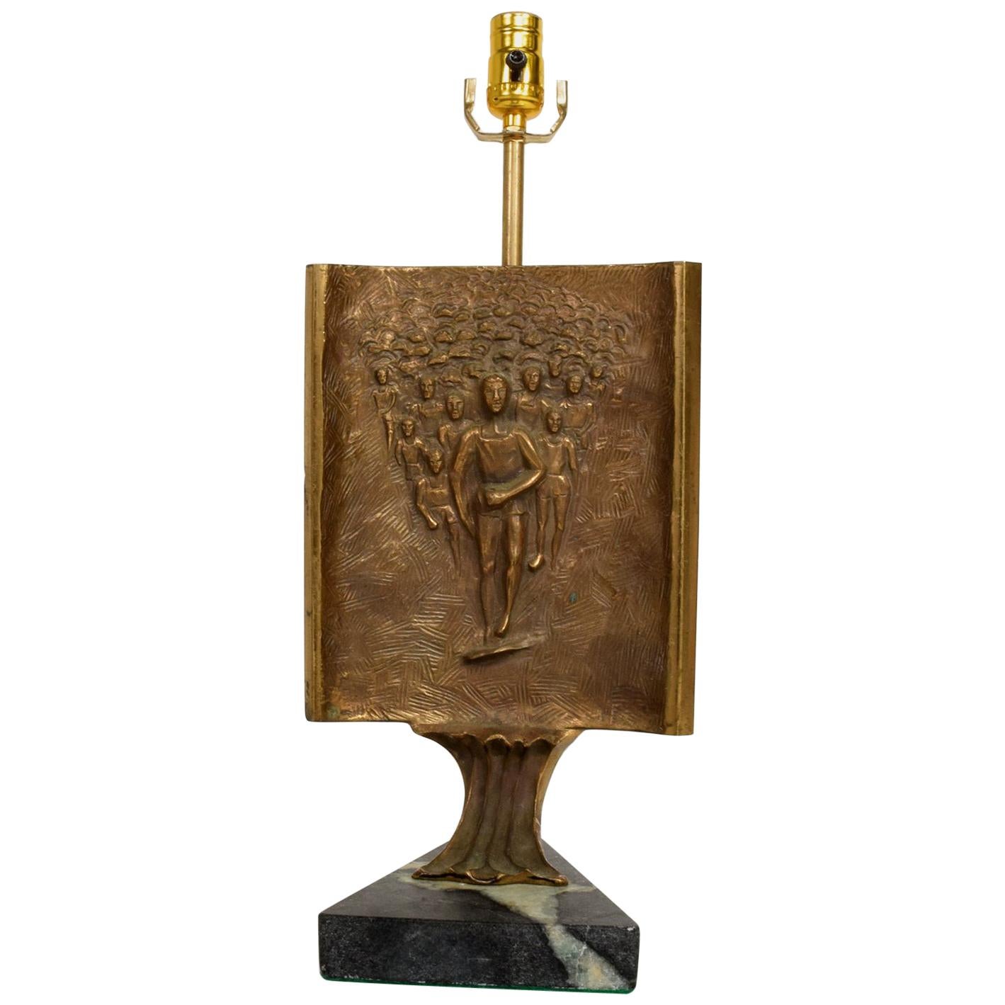 Mid-Century Modern Table Lamp with Italia Bronze Brutalist Sculpture