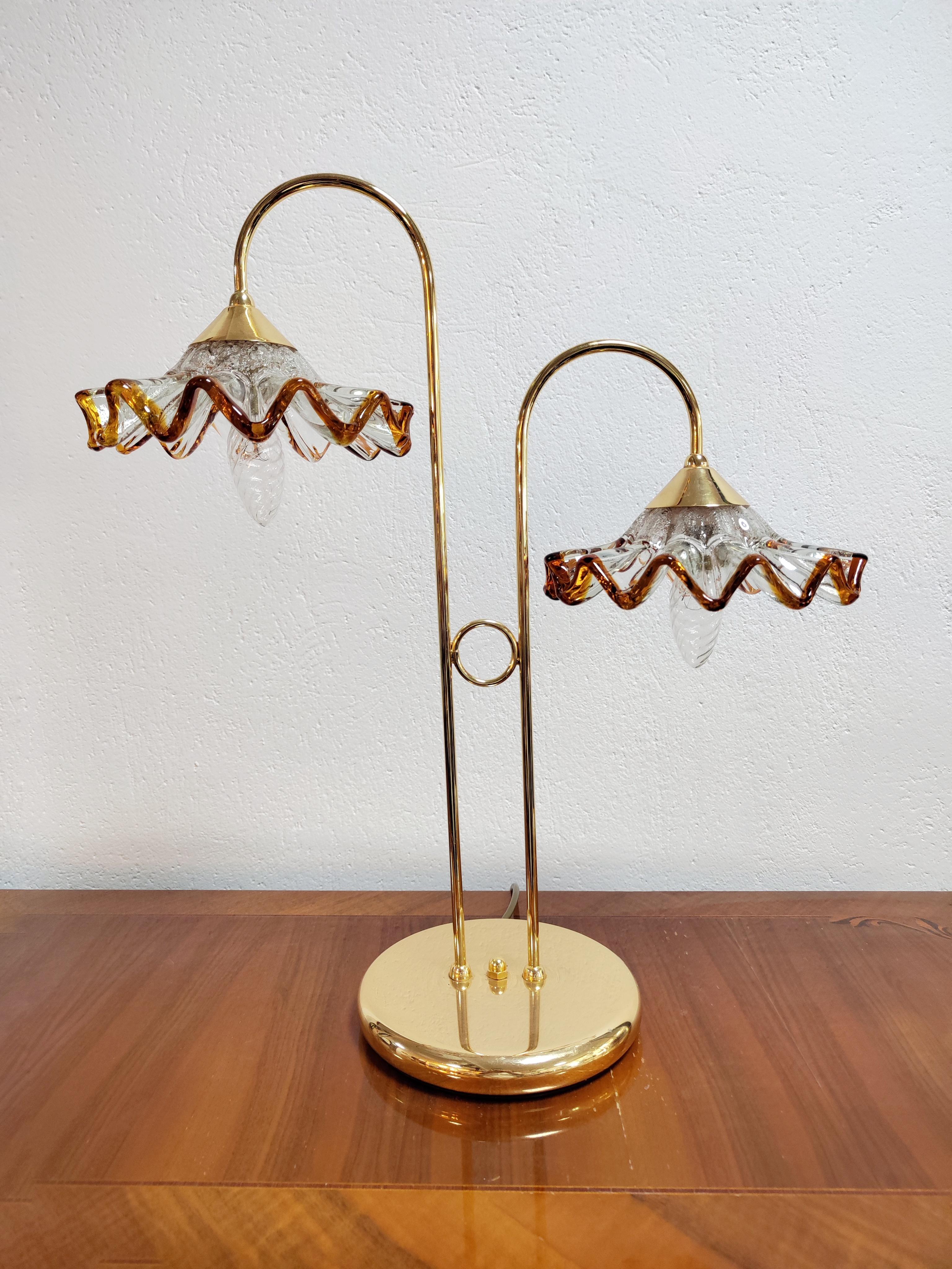 Mid Century Modern Tischlampe mit Murano Glasschirmen von Mazzega, Italien 1970er 