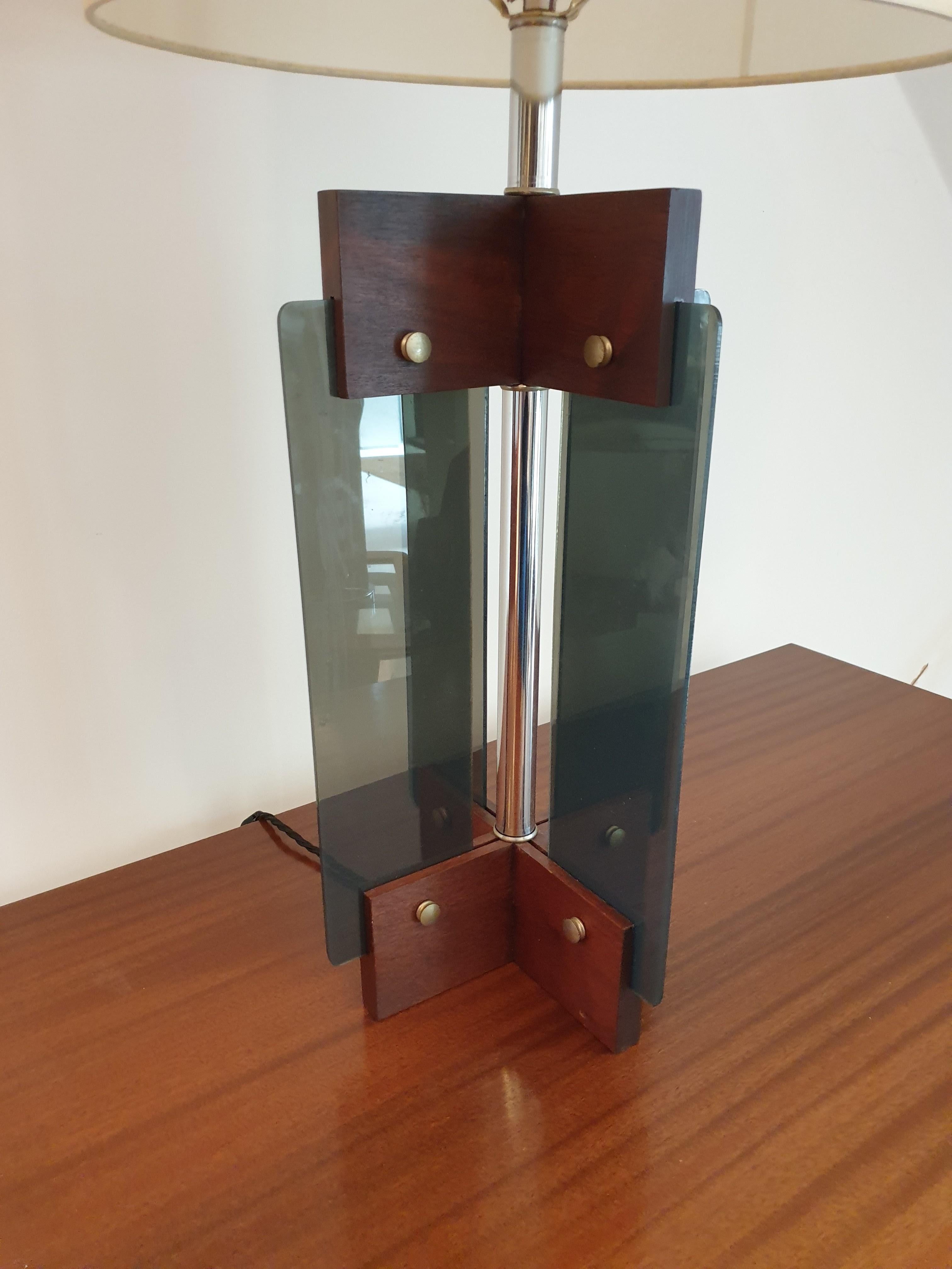 Well sized table lamp with polished wooden base, metal detail and smoked plexiglass glass inserts. Comes complete with bespoke shade.