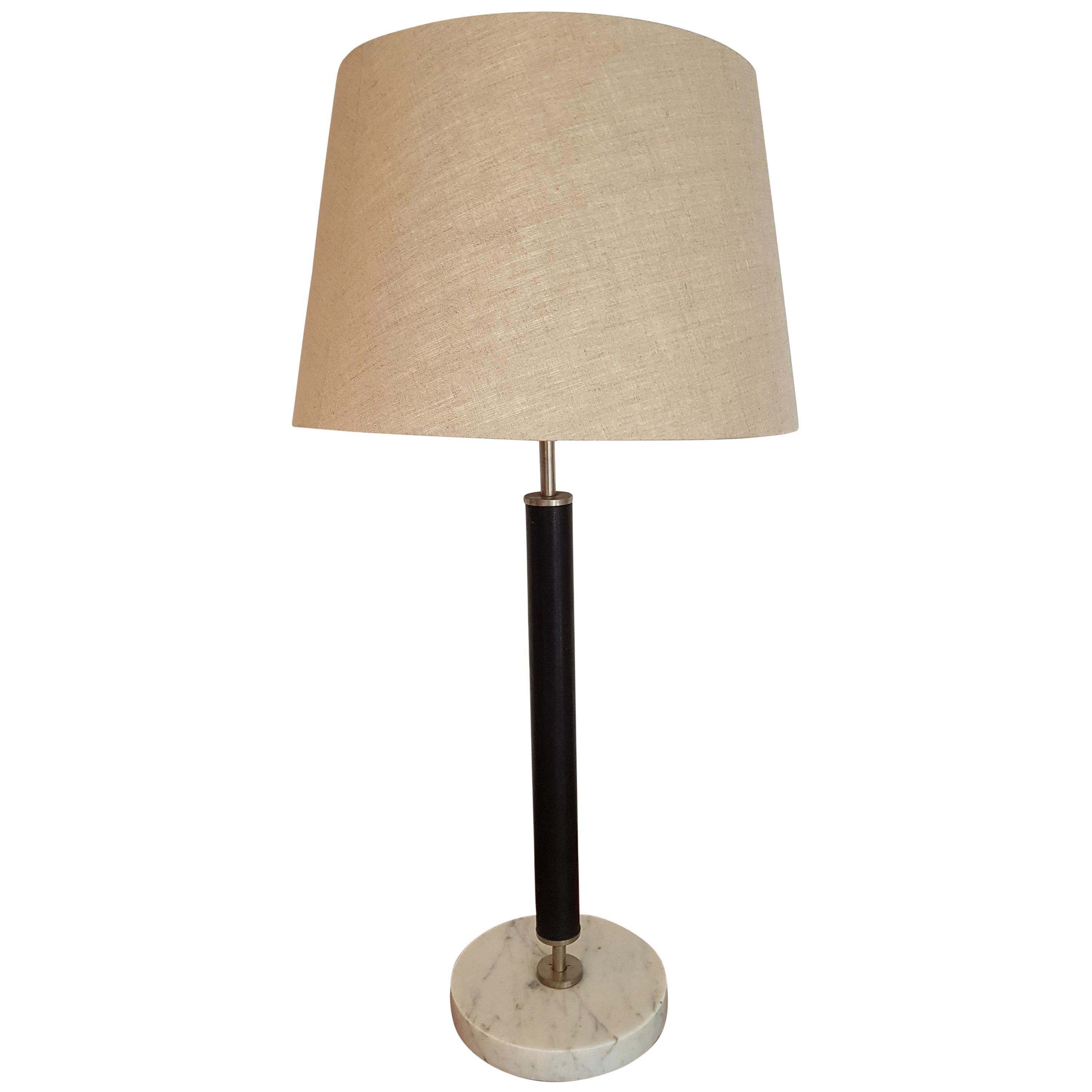 Mid-Century Modern Table Lamp with Thick Marble Base and Leather Stem