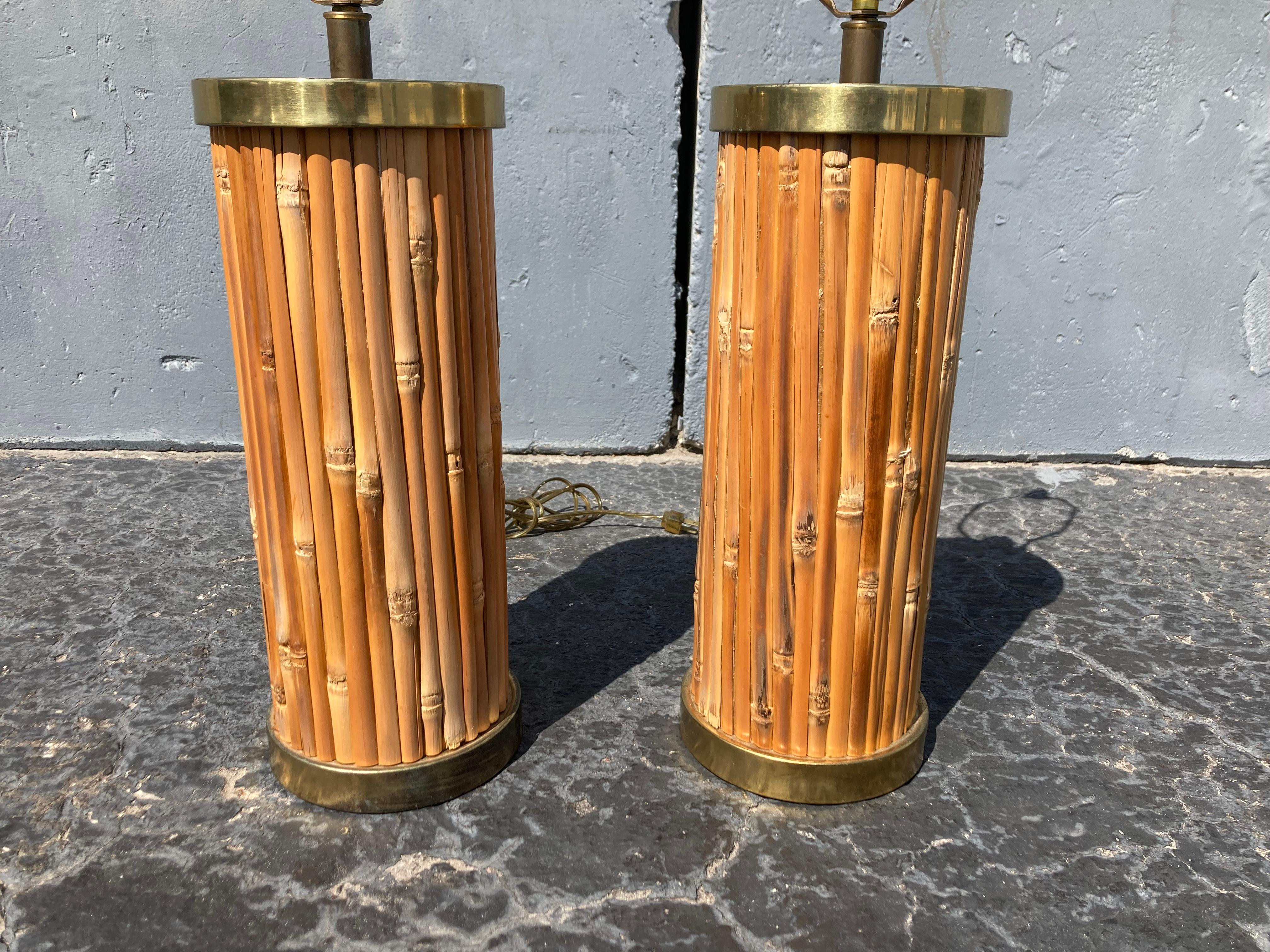 American Mid-Century Modern Table Lamps, Brass and Bamboo 