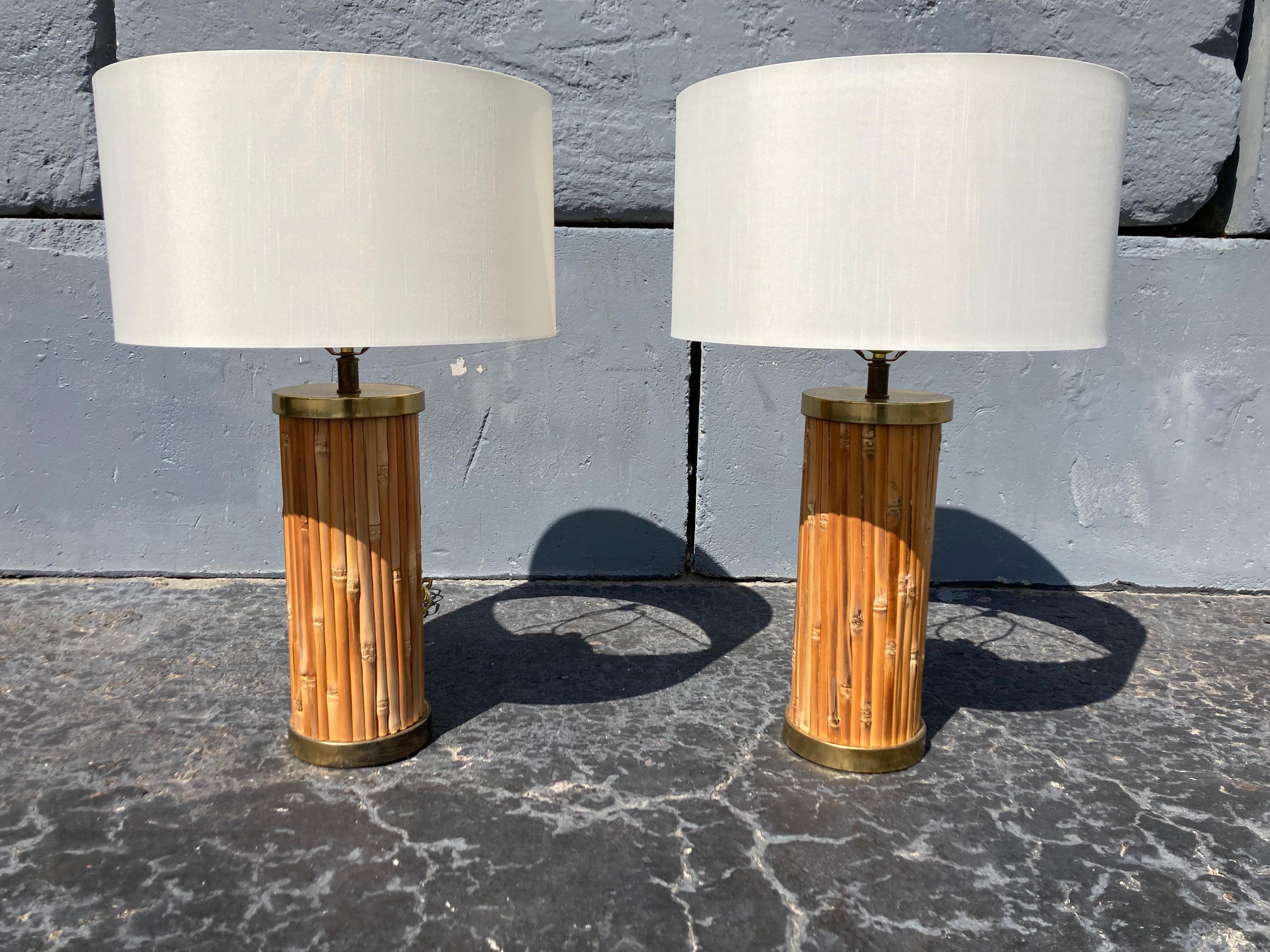 Late 20th Century Mid-Century Modern Table Lamps, Brass and Bamboo 
