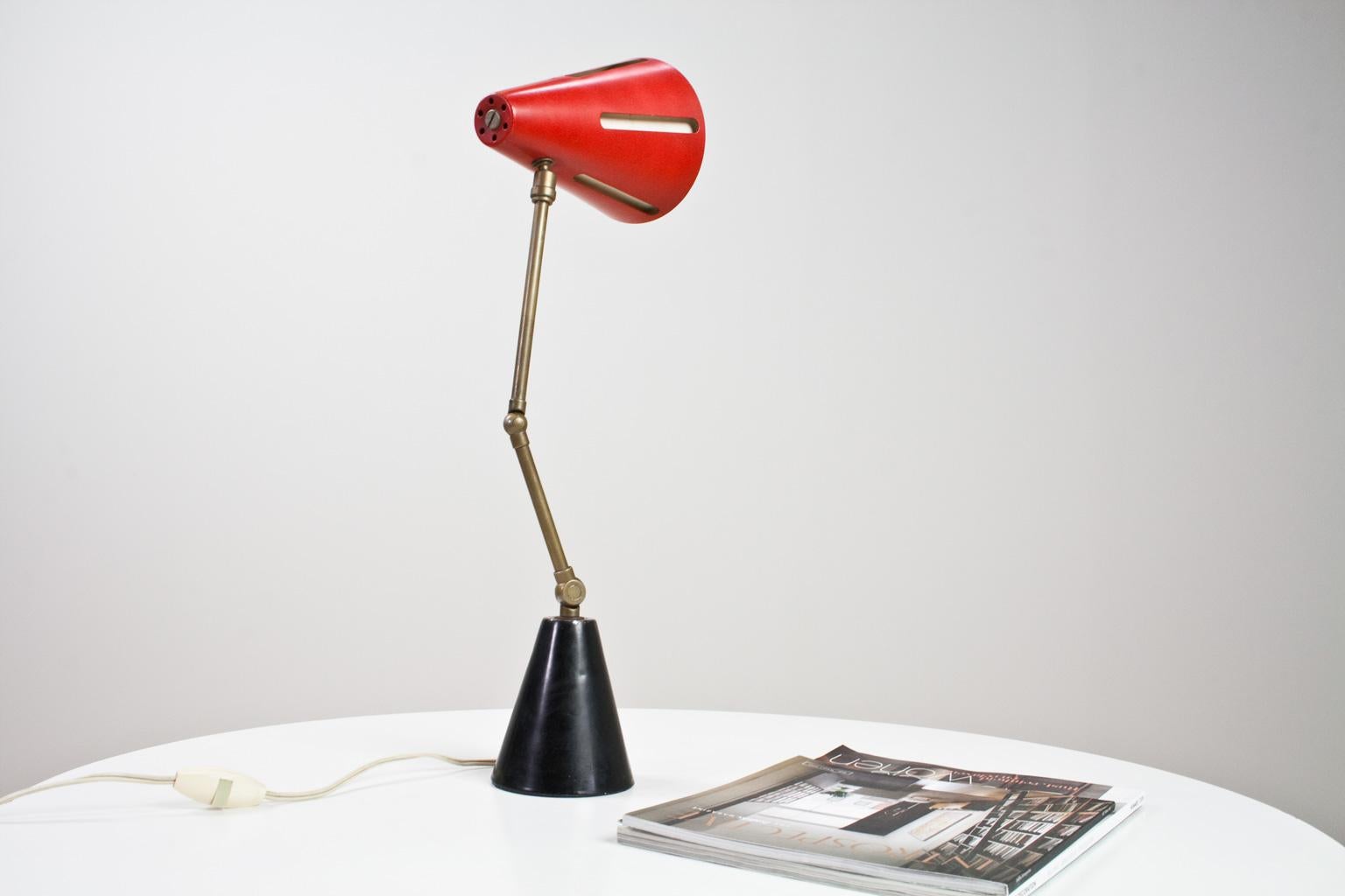 Dutch Mid-Century Modern Table Light Red and Black by Busquet Hala Sun Series, 1955 For Sale