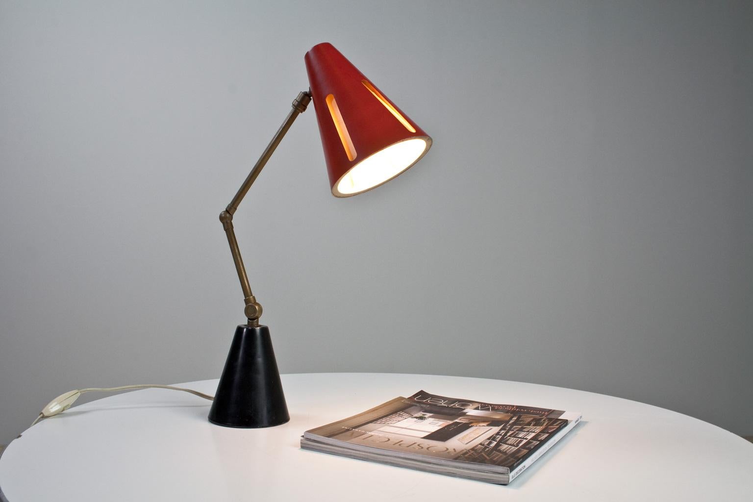 Lacquered Mid-Century Modern Table Light Red and Black by Busquet Hala Sun Series, 1955 For Sale