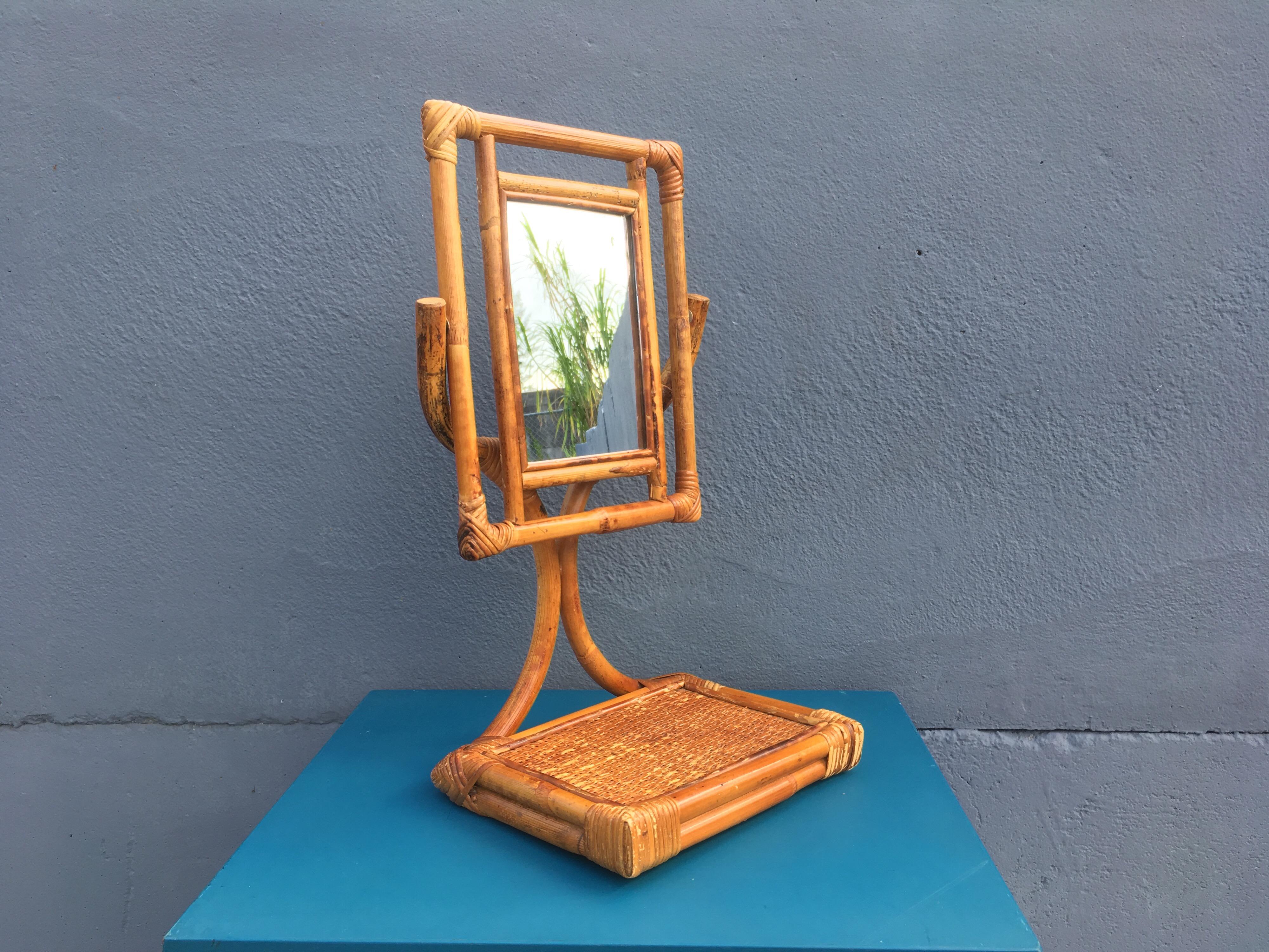 Bamboo Mid-Century Modern Table Mirror For Sale