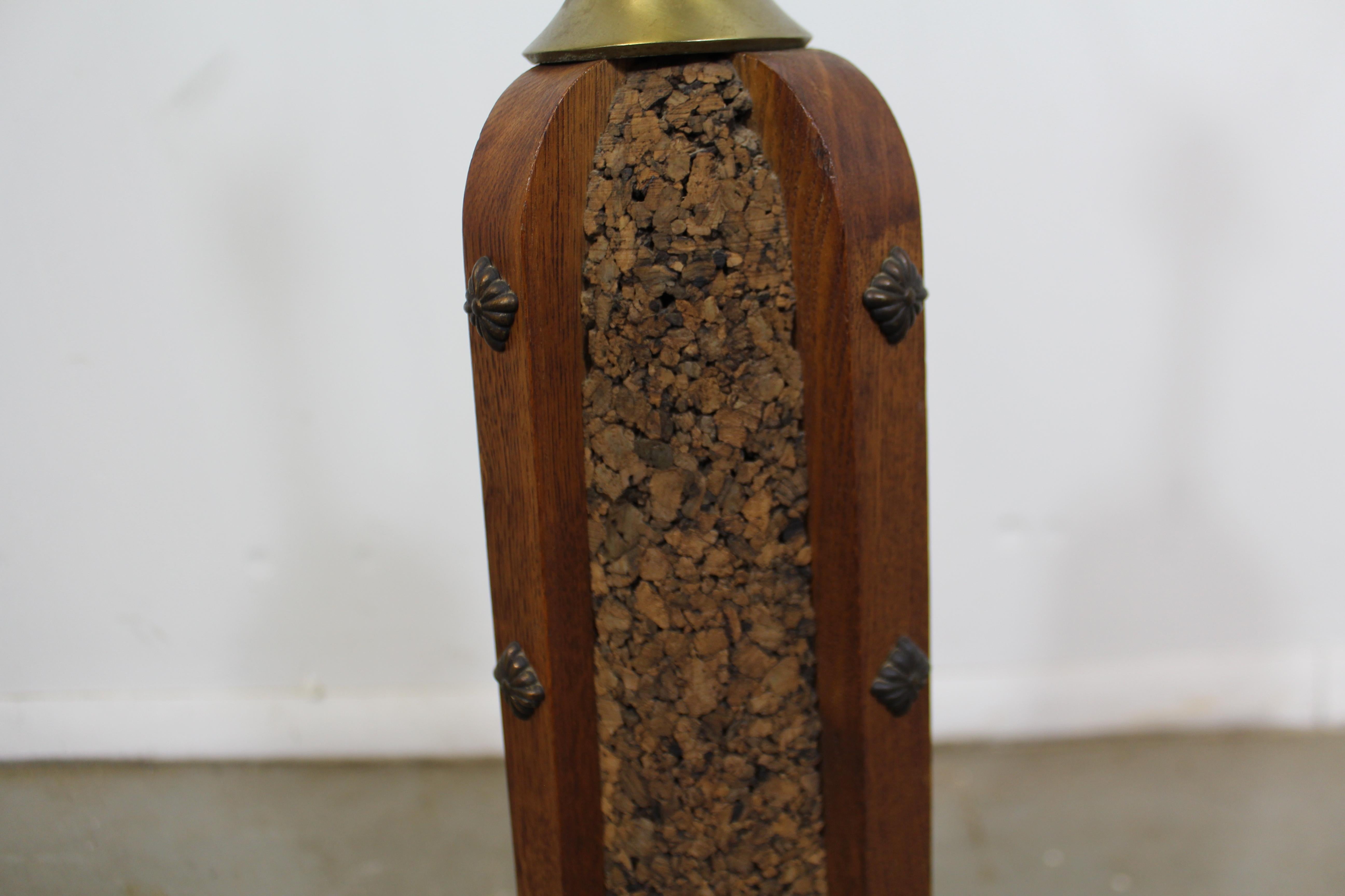 American Mid-Century Modern Tall Brass and Cork Table Lamp by Underwriters Labs