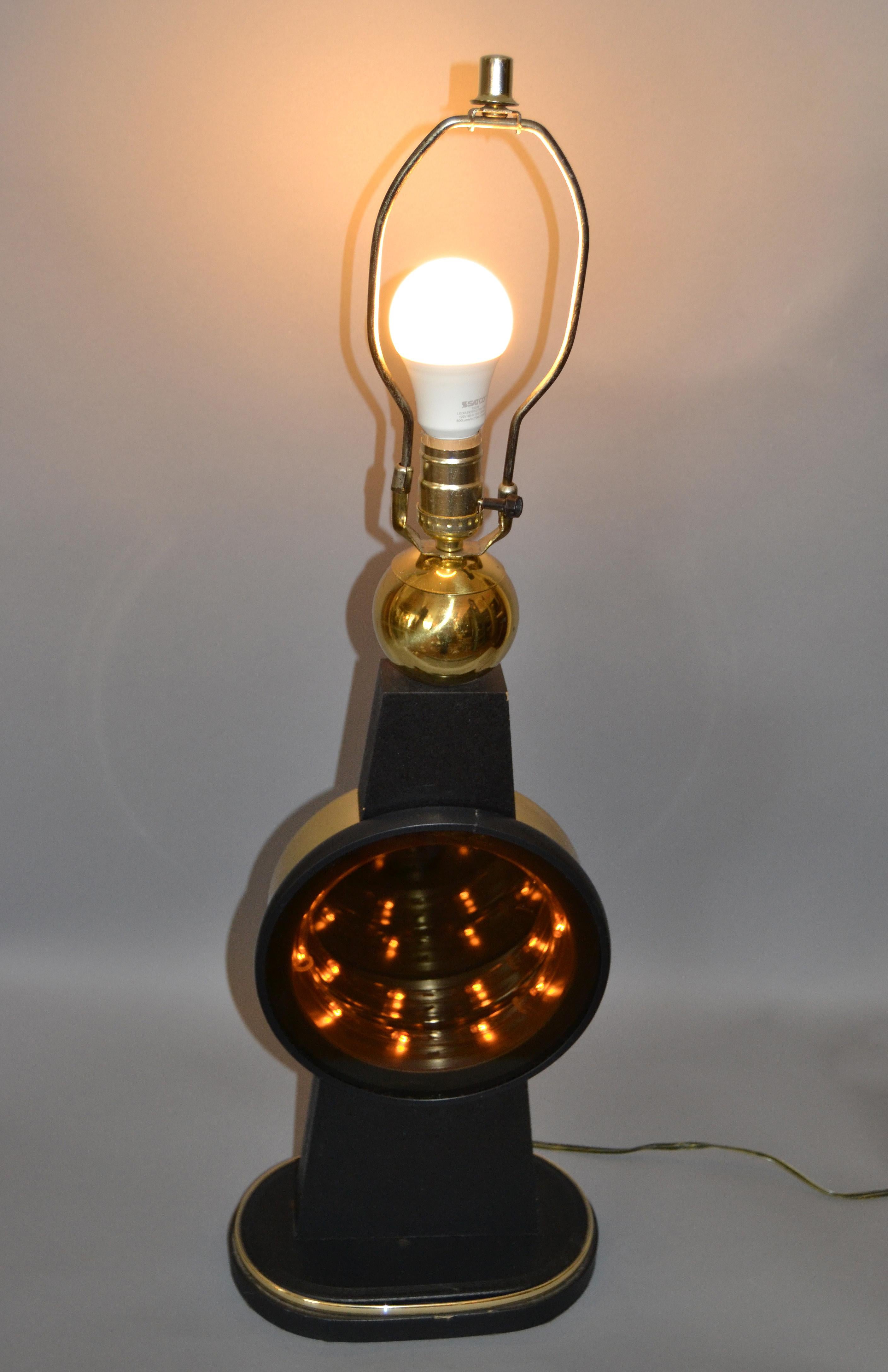 American Mid-Century Modern Tall Brass, Glass, Wood Infinity Table Lamp in Black and Gold For Sale