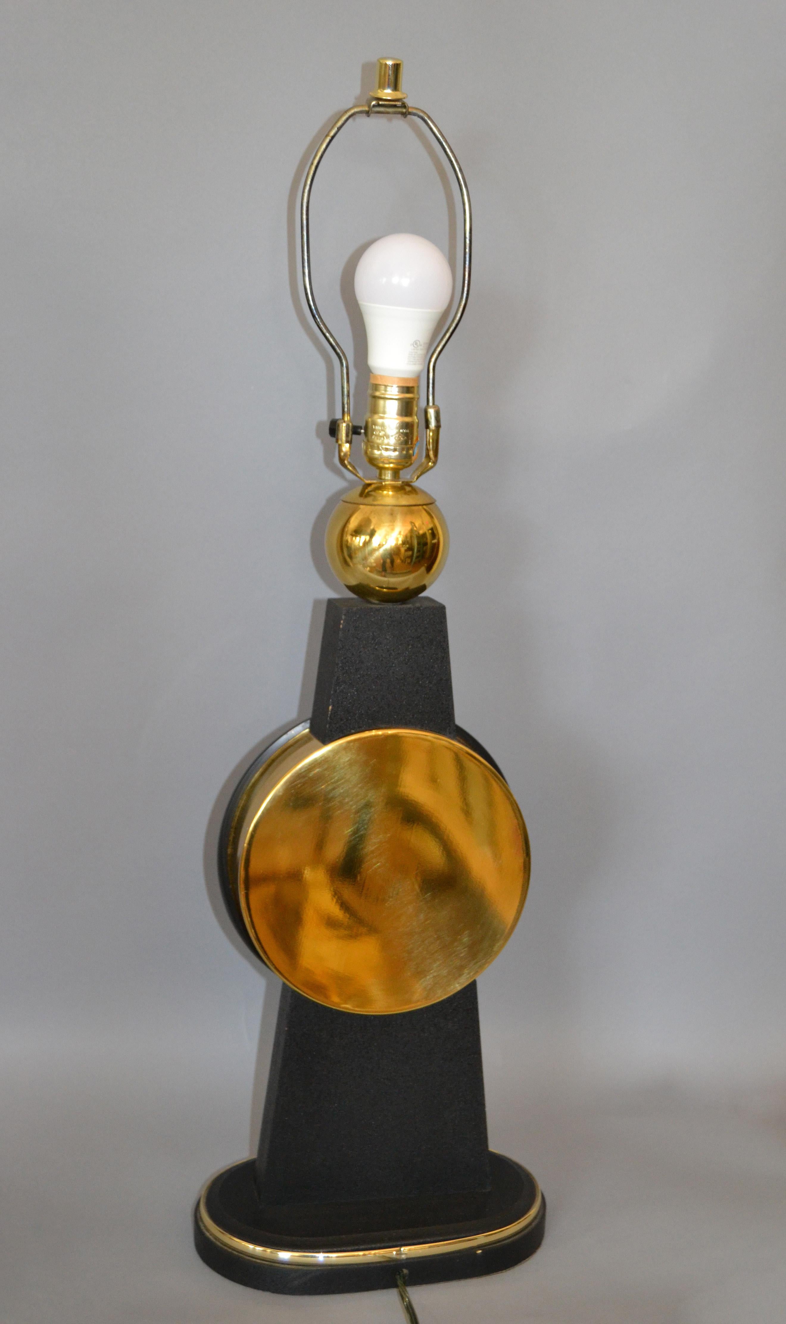 Metal Mid-Century Modern Tall Brass, Glass, Wood Infinity Table Lamp in Black and Gold For Sale