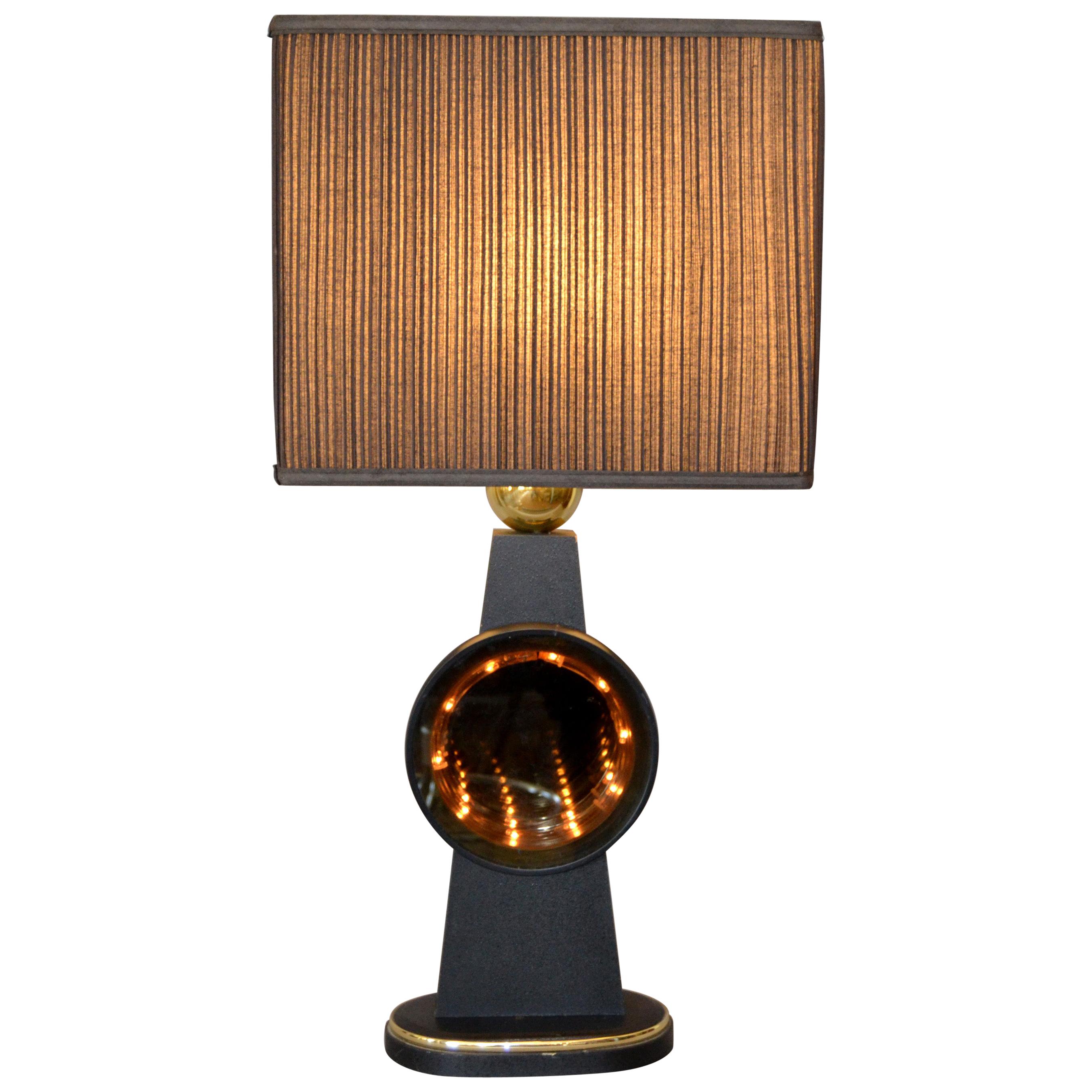 Mid-Century Modern Tall Brass, Glass, Wood Infinity Table Lamp in Black and Gold