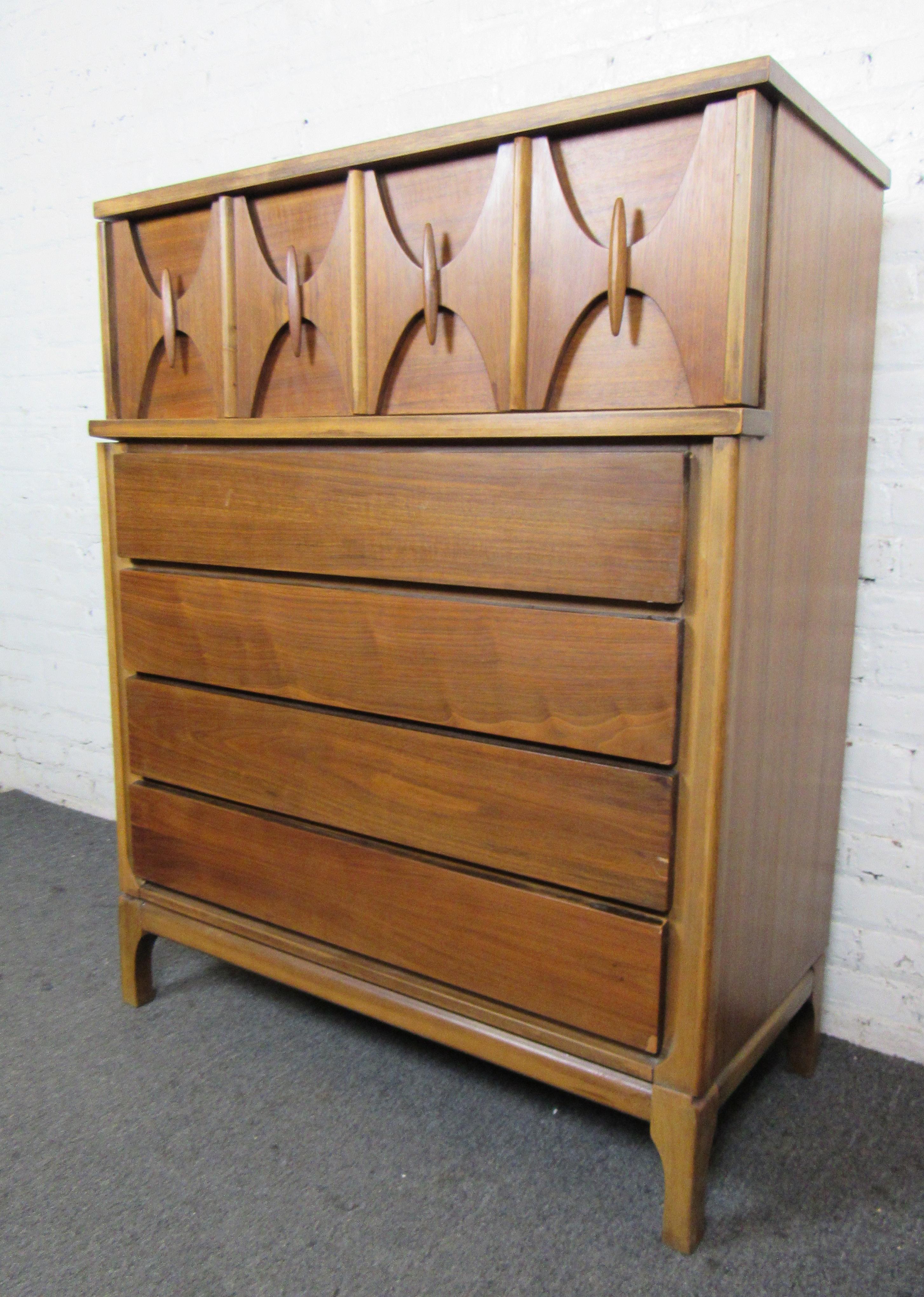 American made chest of drawers in walnut with beautifully sculpted top drawer. 
(Please confirm location NY or NJ).