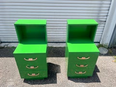 Mid-Century Modern tall green Lacquered nightstands, a pair