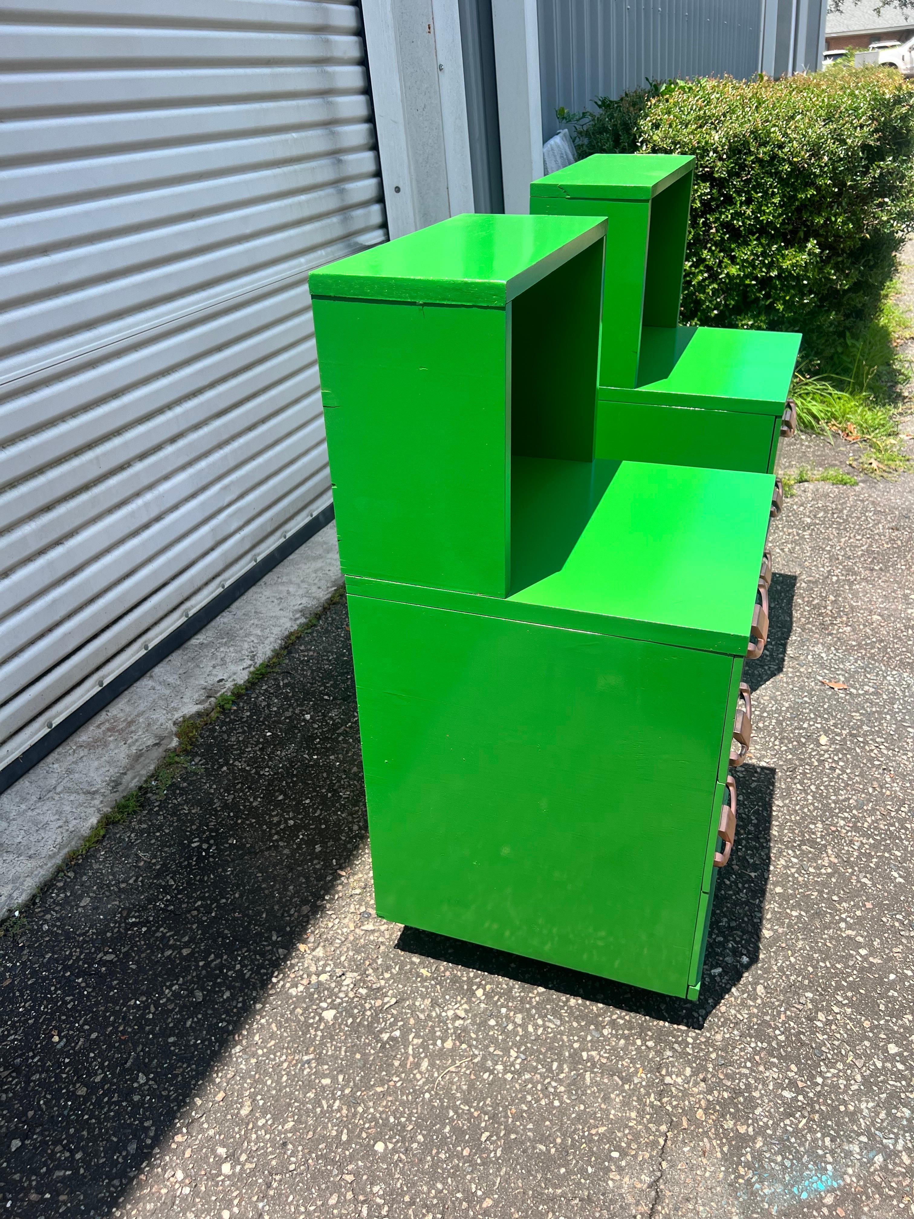 Mid-Century Modern tall green Lacquered nightstands, a pair  2