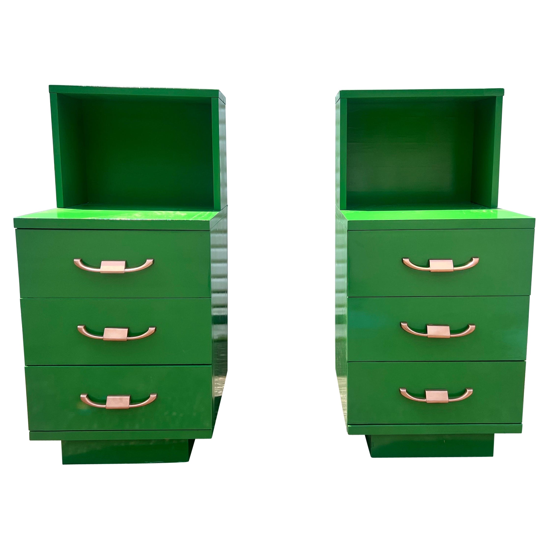 Mid-Century Modern tall green Lacquered nightstands, a pair