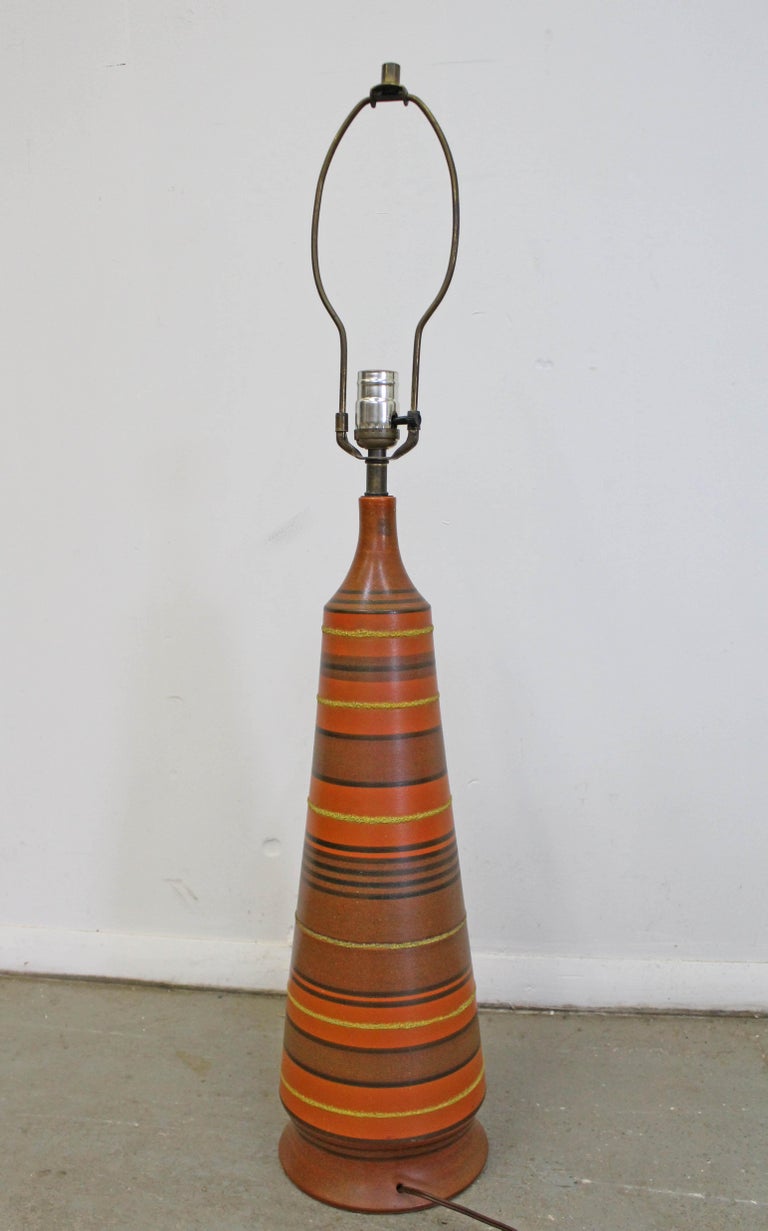 MidCentury Modern Tall Italian Ceramic Cone Striped Orange Table Lamp