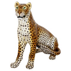 Retro Mid-Century Modern Tall Large Porcelain Cheetah Leopard Floor Sculpture 1970s