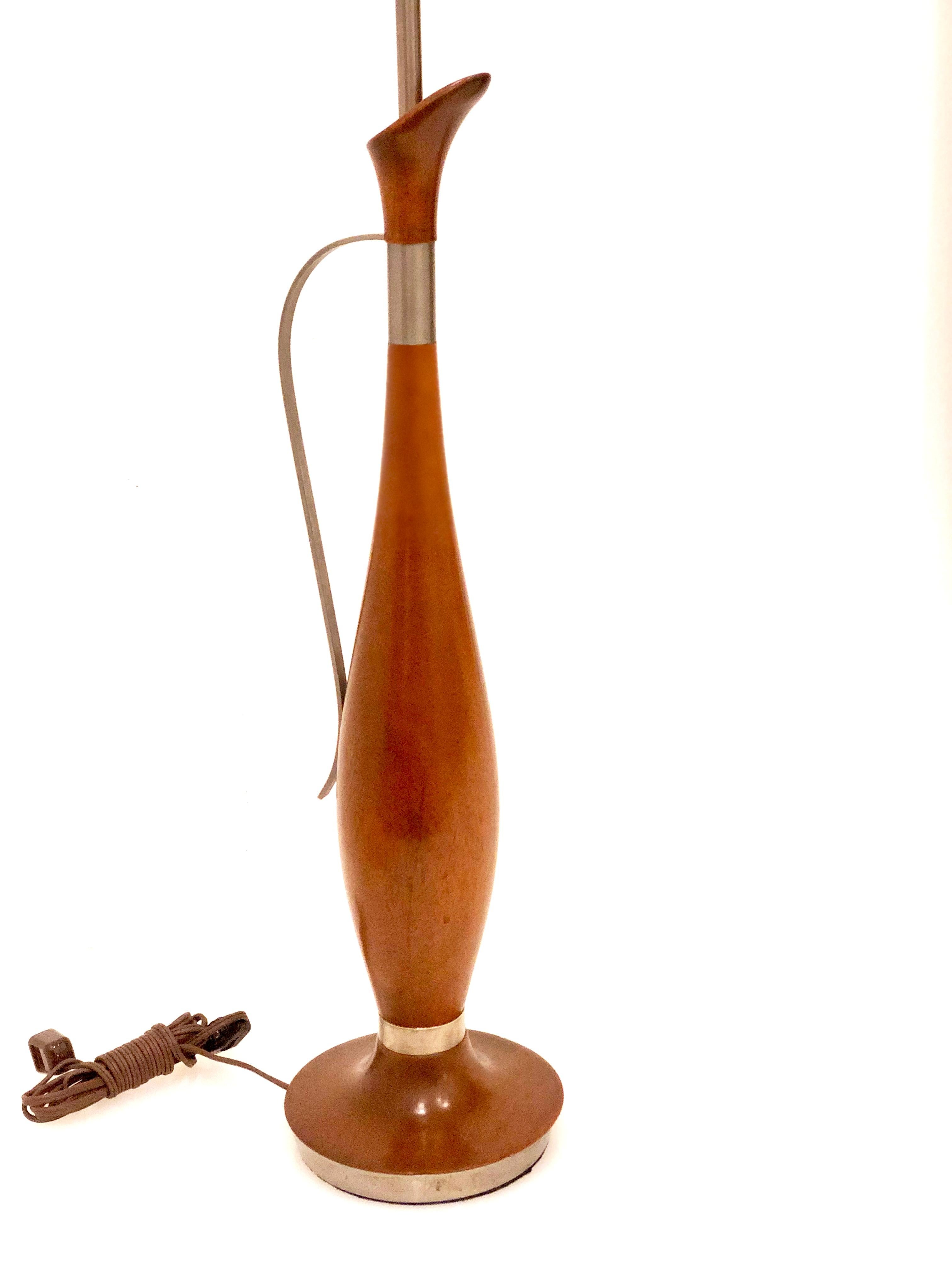 Italian Mid-Century Modern Tall Mahogany and Brush Steel Table Lamp