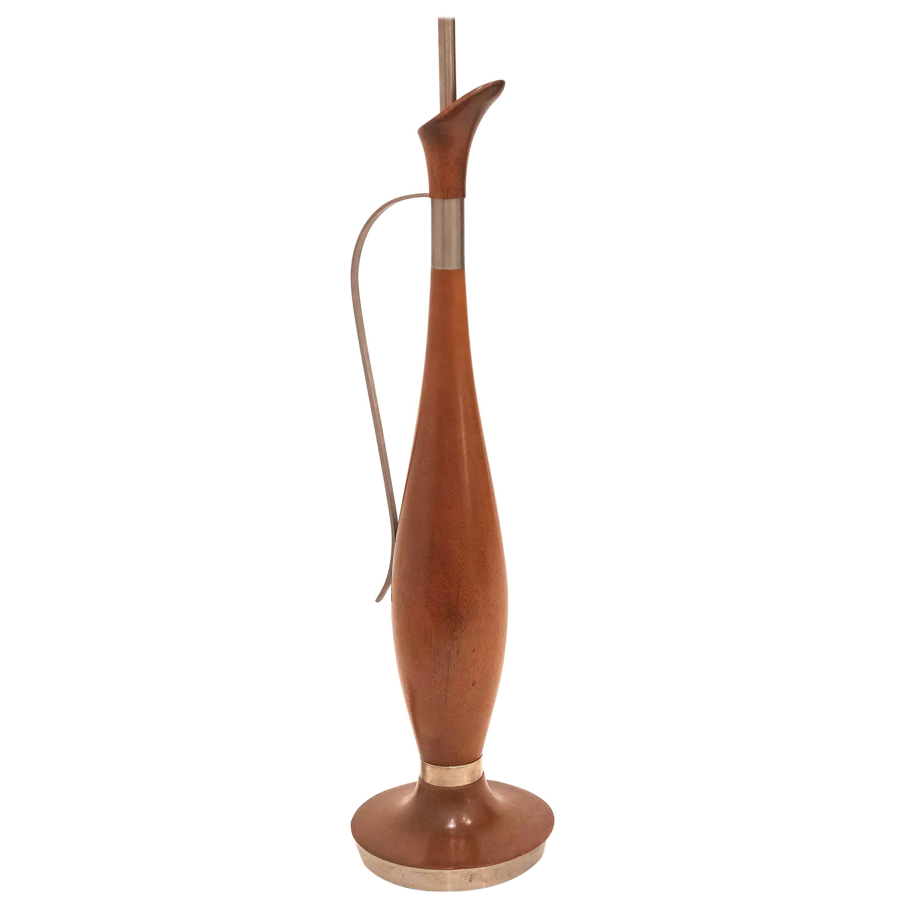 Mid-Century Modern Tall Mahogany and Brush Steel Table Lamp