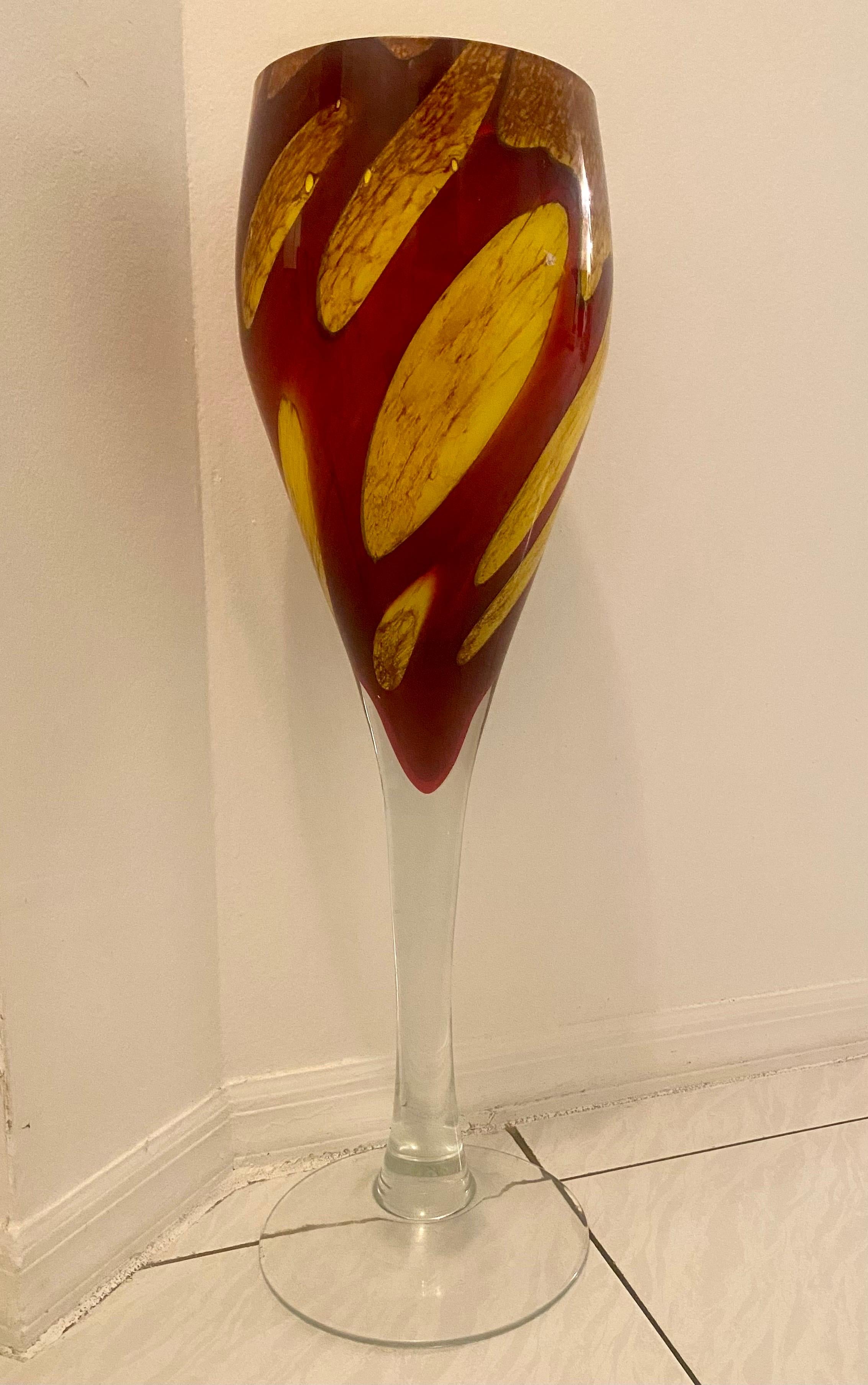 Tall Murano glass vase in the shape of a wine goblet with a yellow interior. Unsigned, circa 1970s.