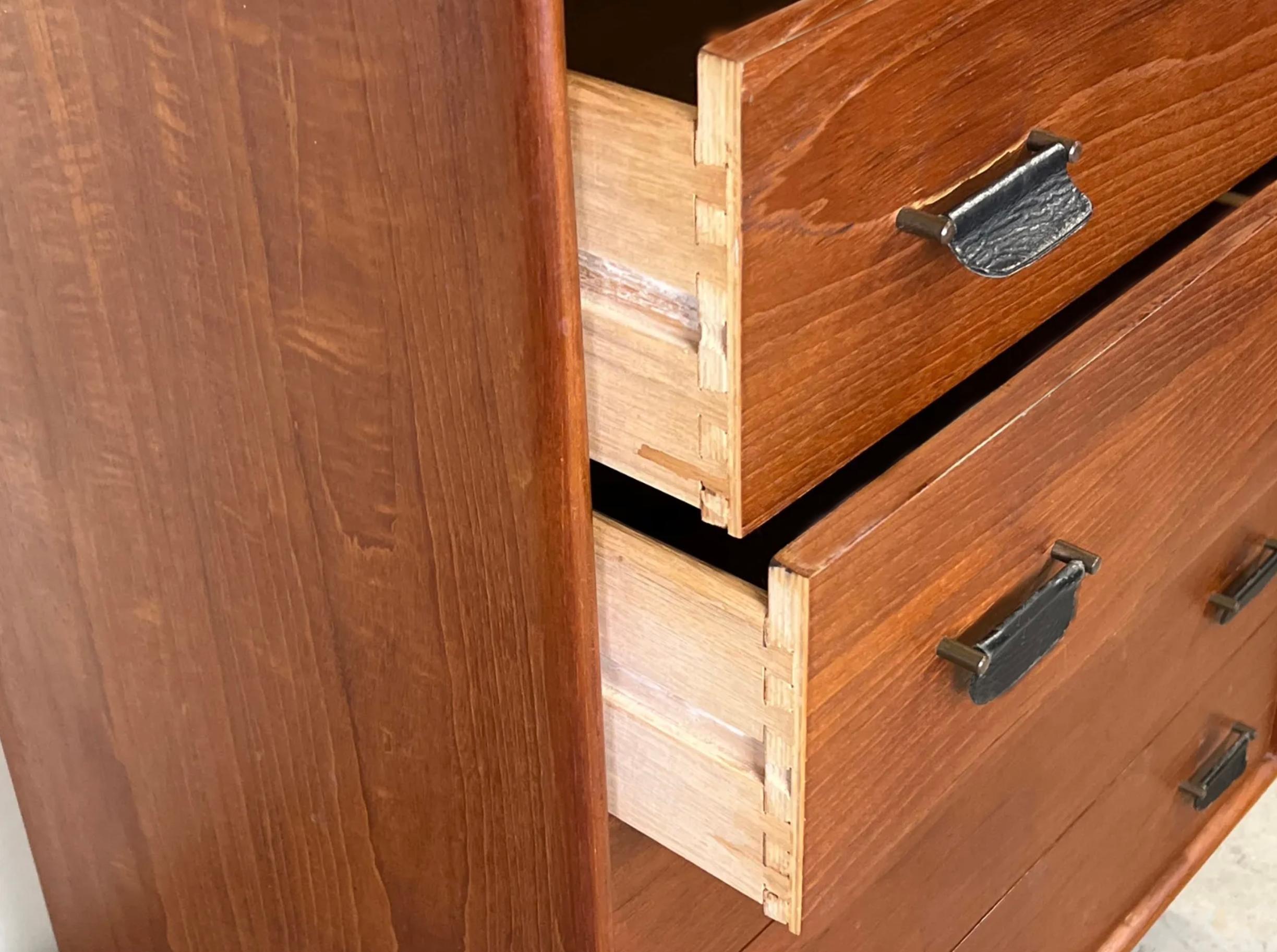 Danish Mid Century Modern Tall teak 5 drawer dresser Black leather pulls plinth base For Sale