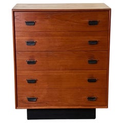 Used Mid Century Modern Tall teak 5 drawer dresser Black leather pulls plinth base