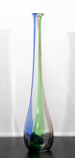 Mid-Century Modern Tall Tri Colored Murano Glass Art Vase 1970s Italy Green Blue